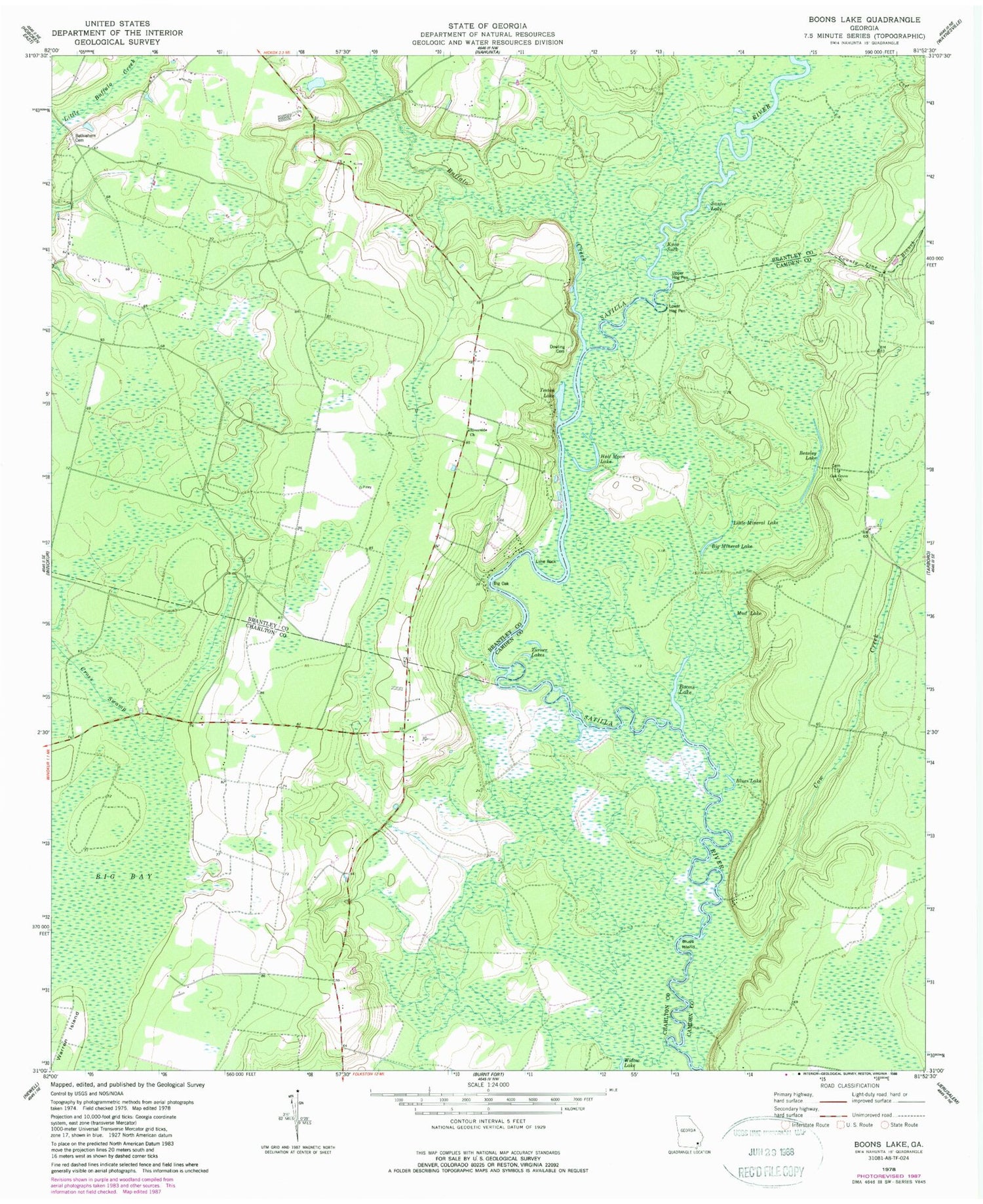 Classic USGS Boons Lake Georgia 7.5'x7.5' Topo Map Image