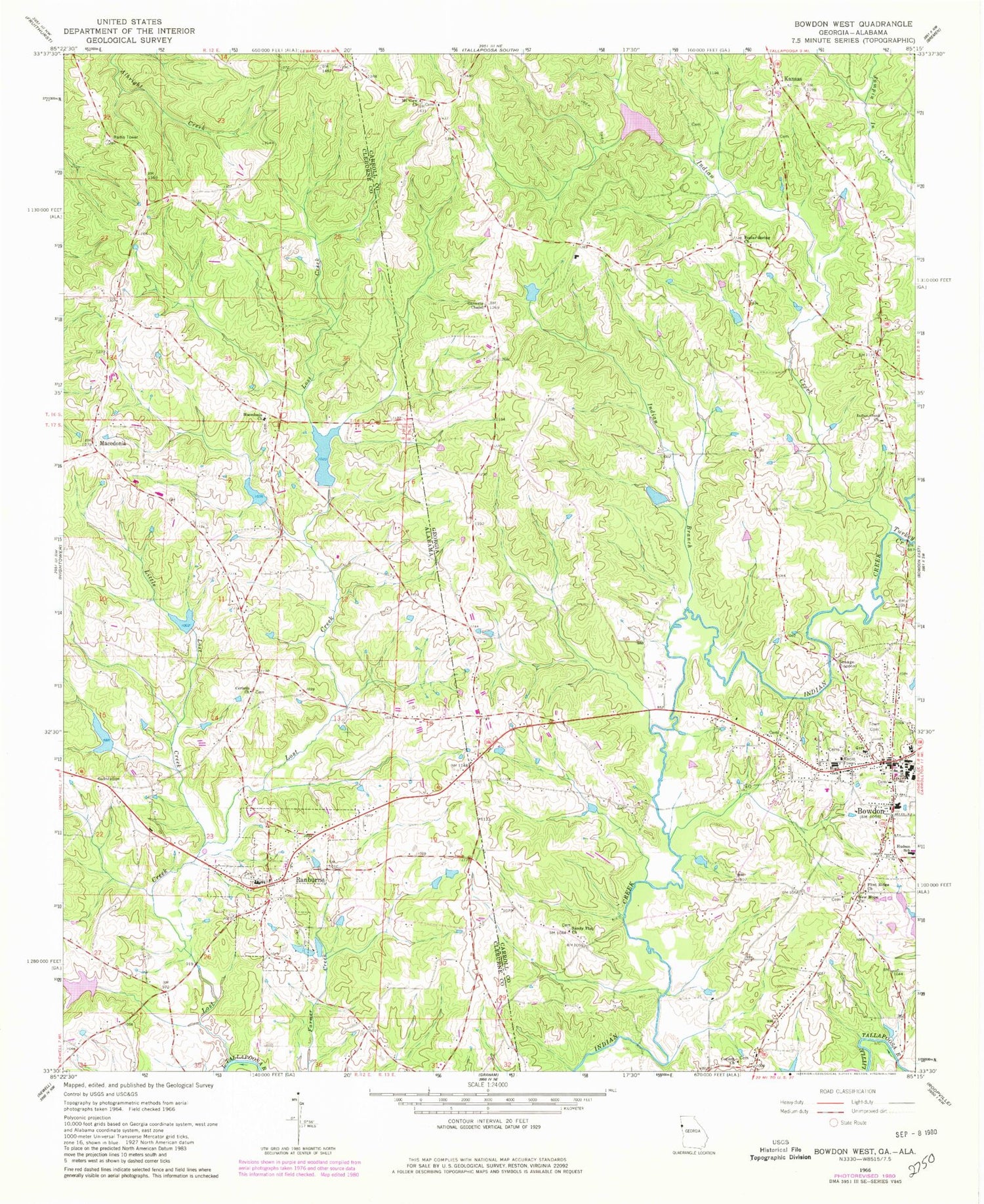 Classic USGS Bowdon West Georgia 7.5'x7.5' Topo Map Image