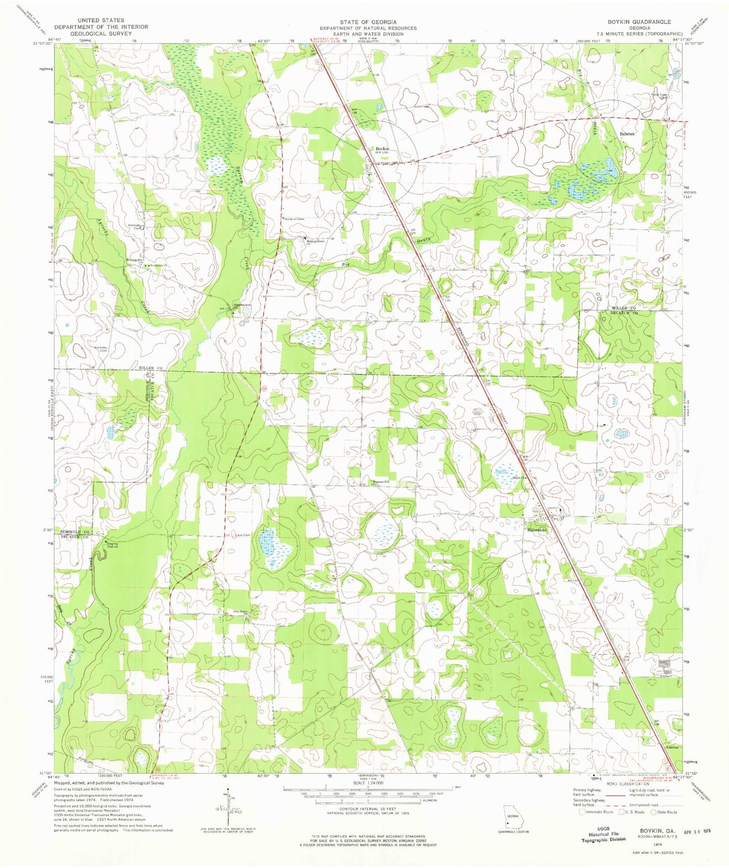 Classic USGS Boykin Georgia 7.5'x7.5' Topo Map Image