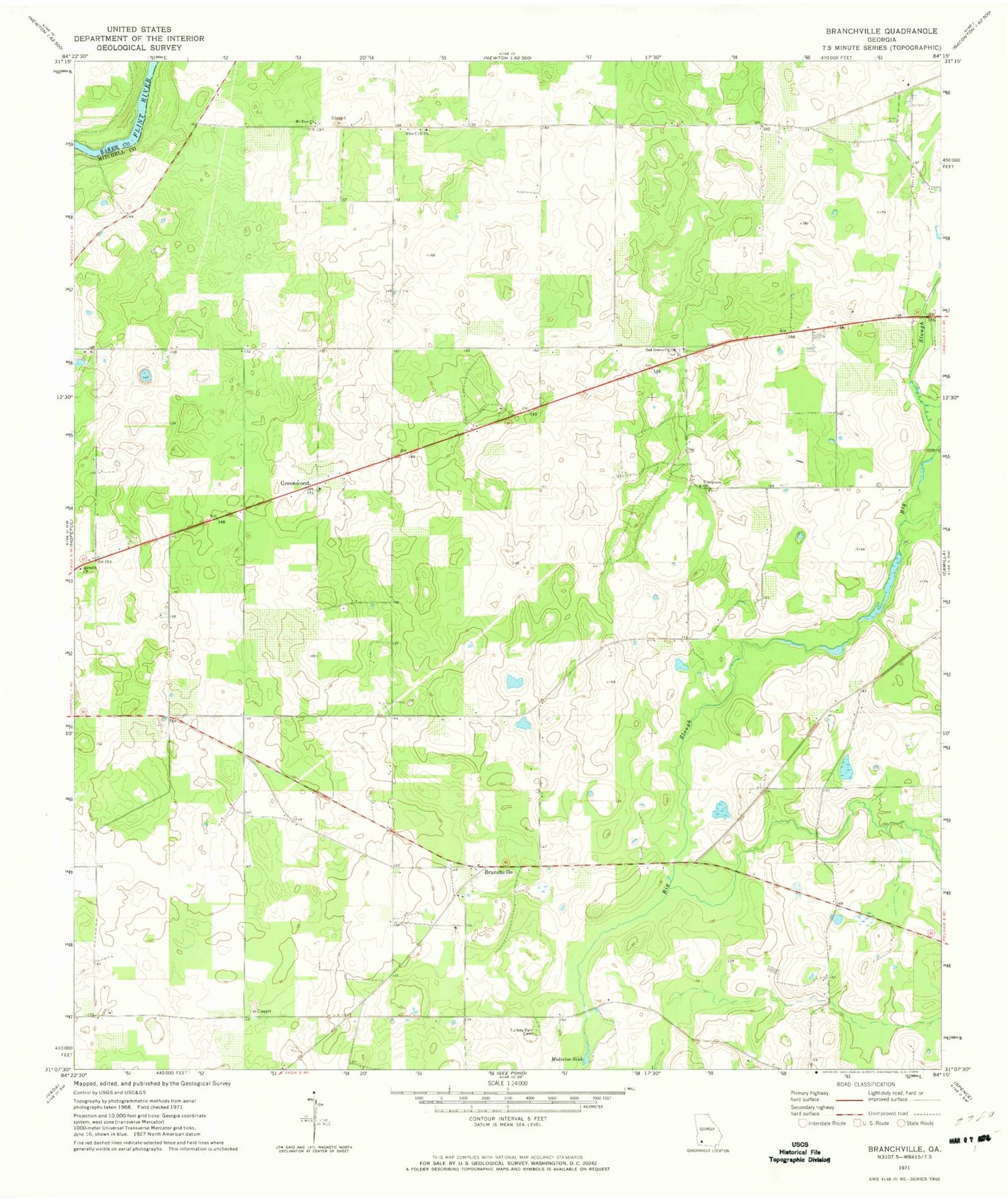 Classic USGS Branchville Georgia 7.5'x7.5' Topo Map Image