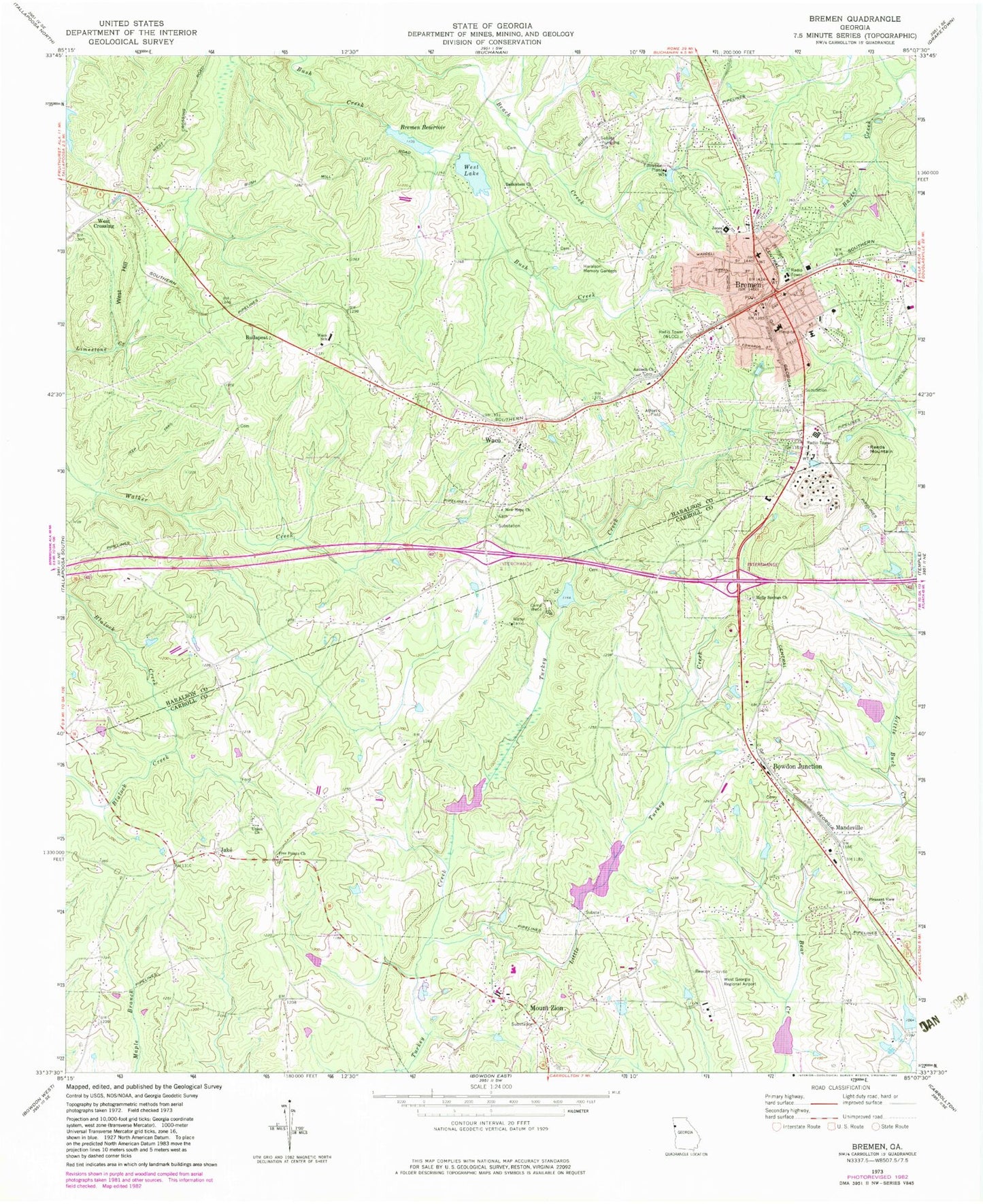 Classic USGS Bremen Georgia 7.5'x7.5' Topo Map Image