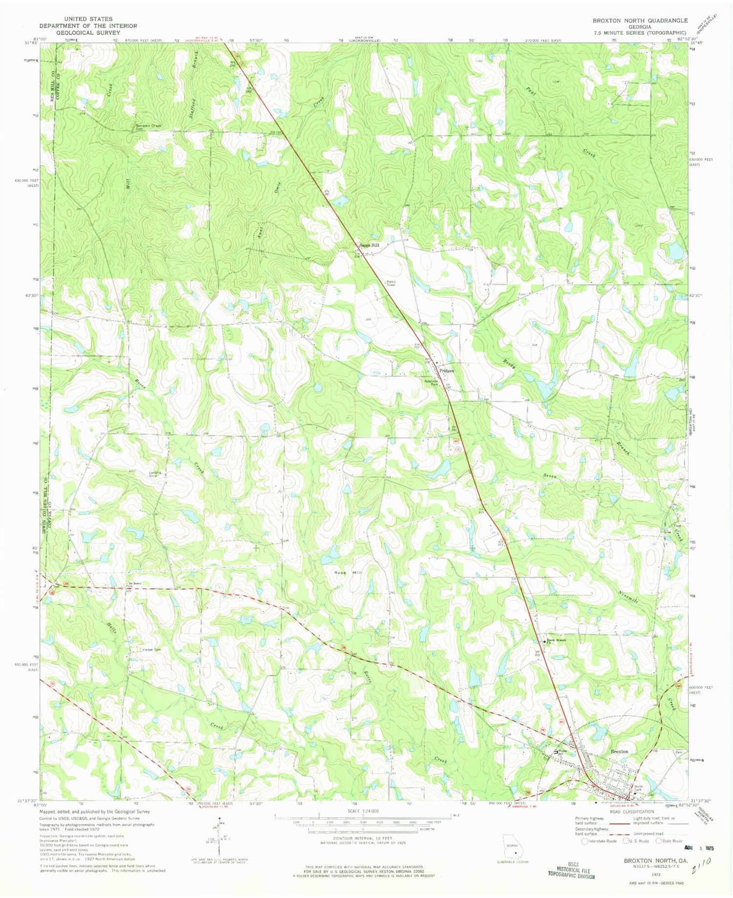 Classic USGS Broxton North Georgia 7.5'x7.5' Topo Map Image