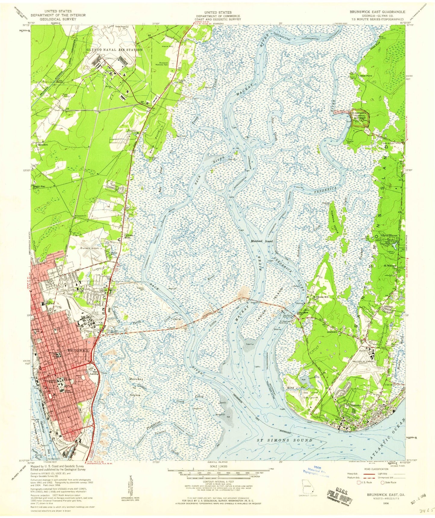 Classic USGS Brunswick East Georgia 7.5'x7.5' Topo Map Image