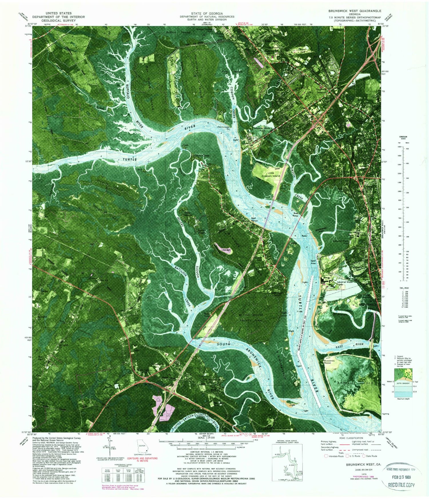 Classic USGS Brunswick West Georgia 7.5'x7.5' Topo Map Image