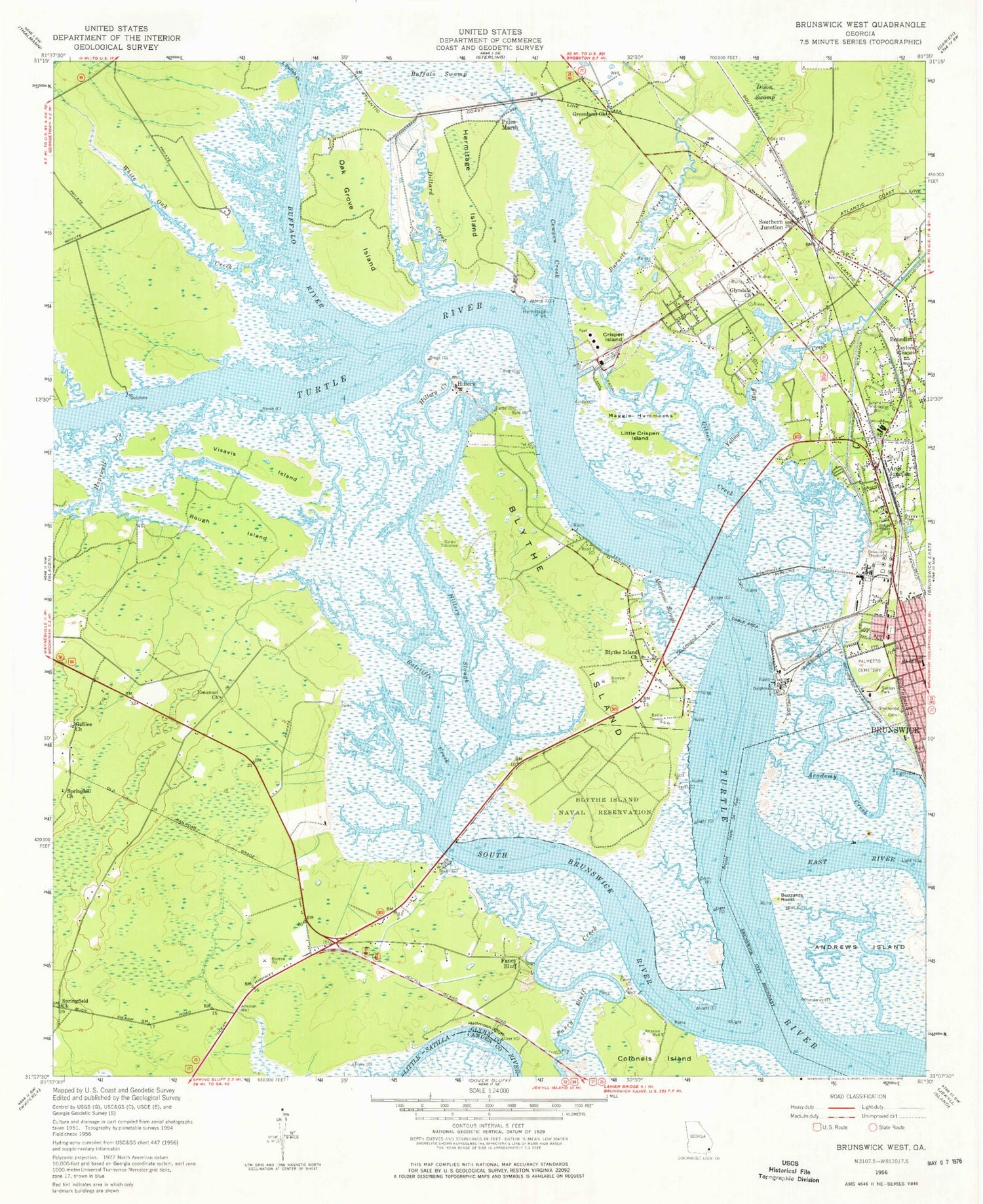 Classic USGS Brunswick West Georgia 7.5'x7.5' Topo Map Image