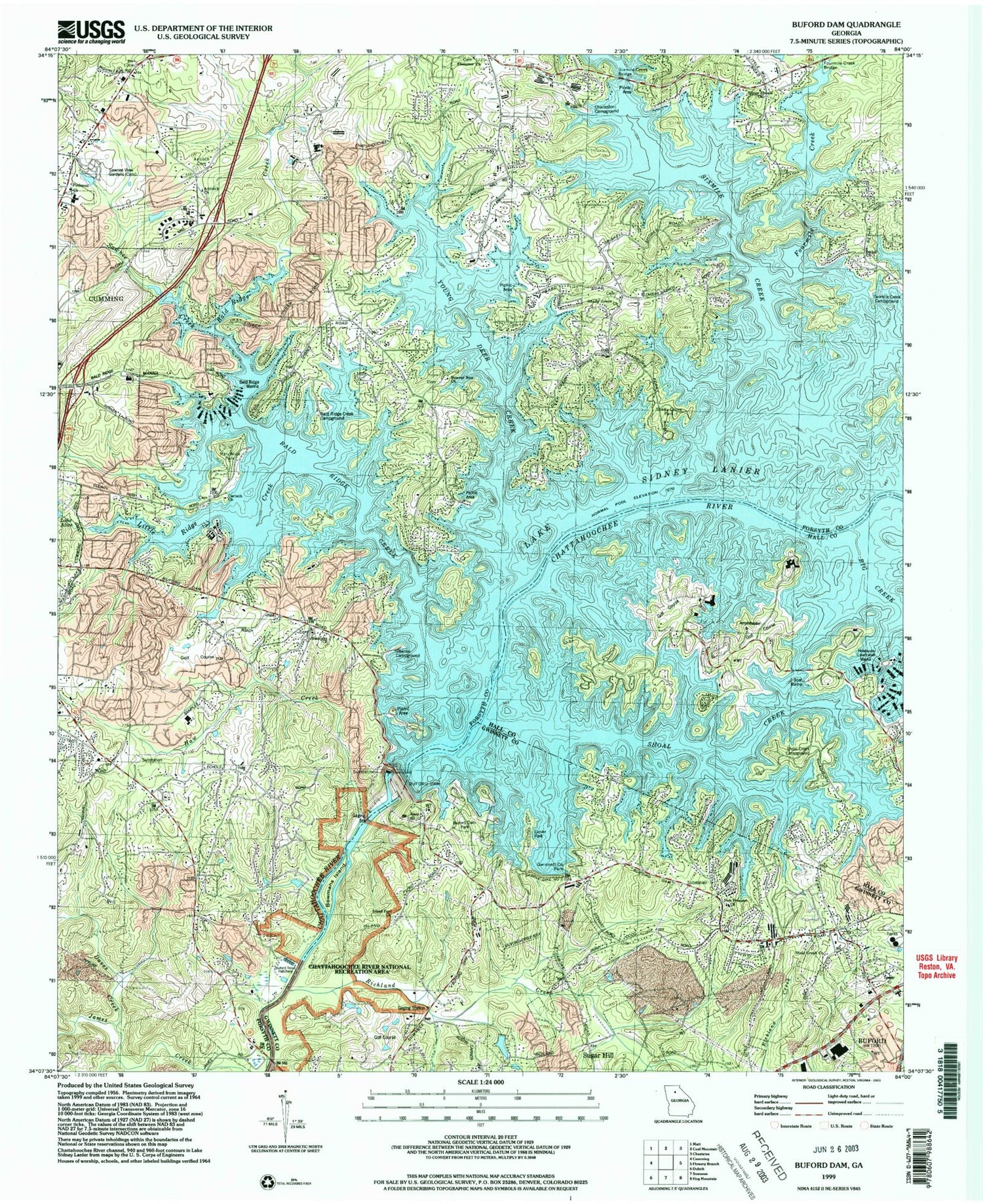 Classic USGS Buford Dam Georgia 7.5'x7.5' Topo Map Image