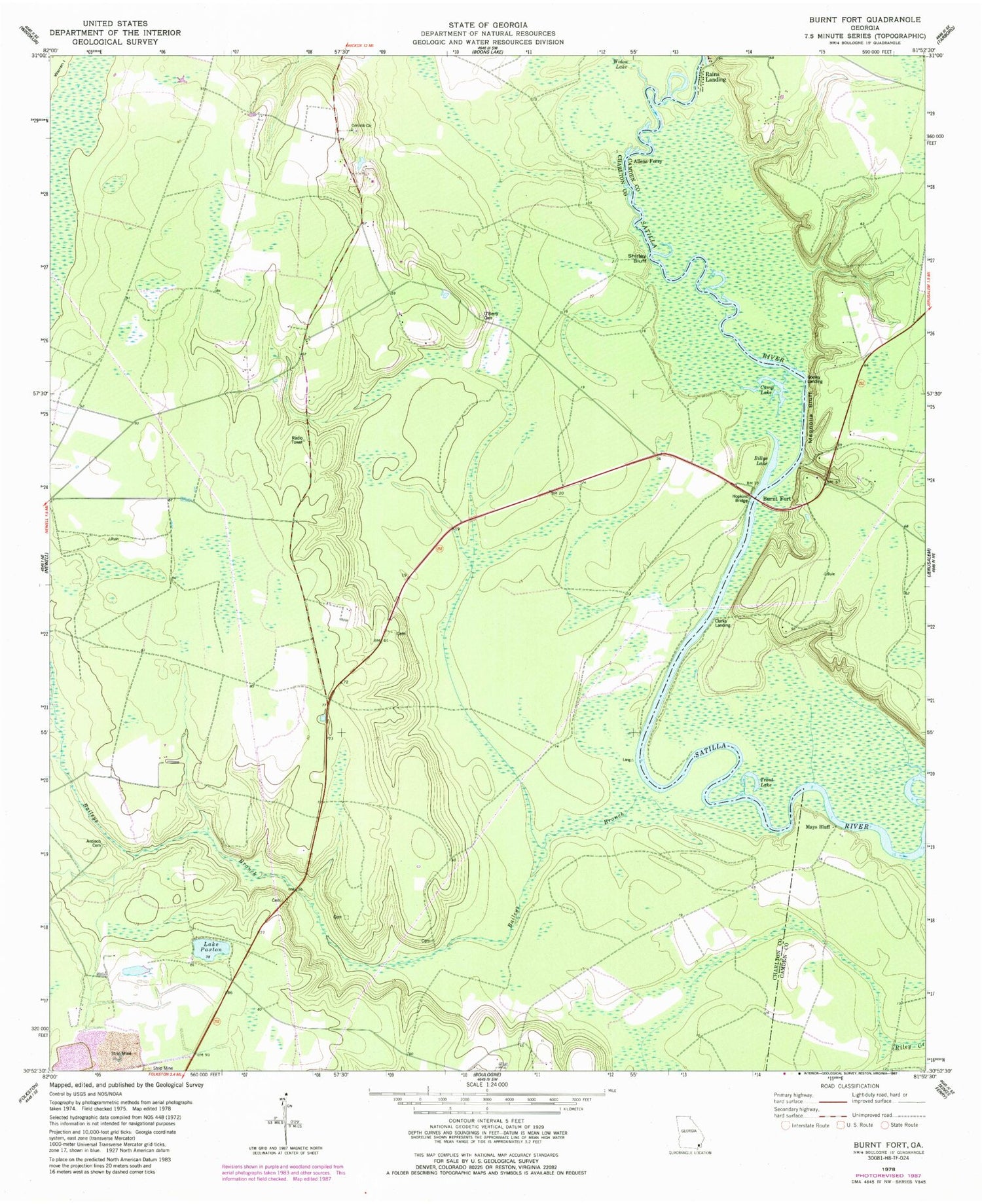 Classic USGS Burnt Fort Georgia 7.5'x7.5' Topo Map Image