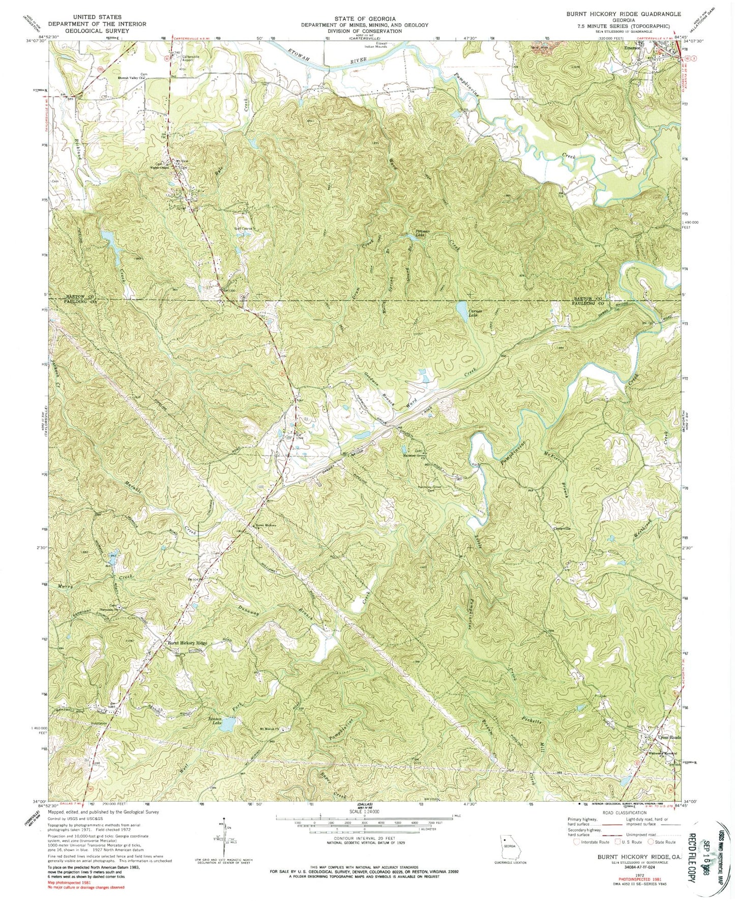 Classic USGS Burnt Hickory Ridge Georgia 7.5'x7.5' Topo Map Image