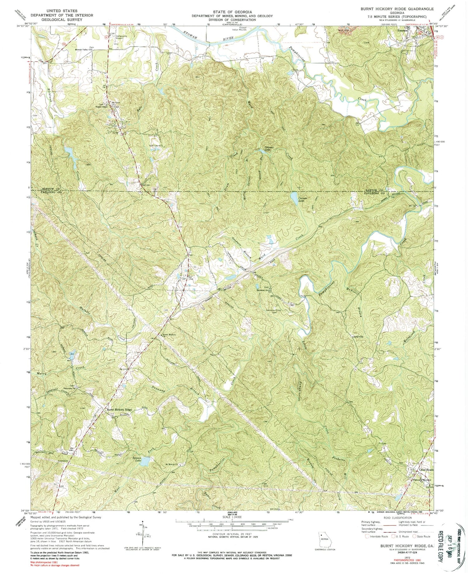 Classic USGS Burnt Hickory Ridge Georgia 7.5'x7.5' Topo Map Image