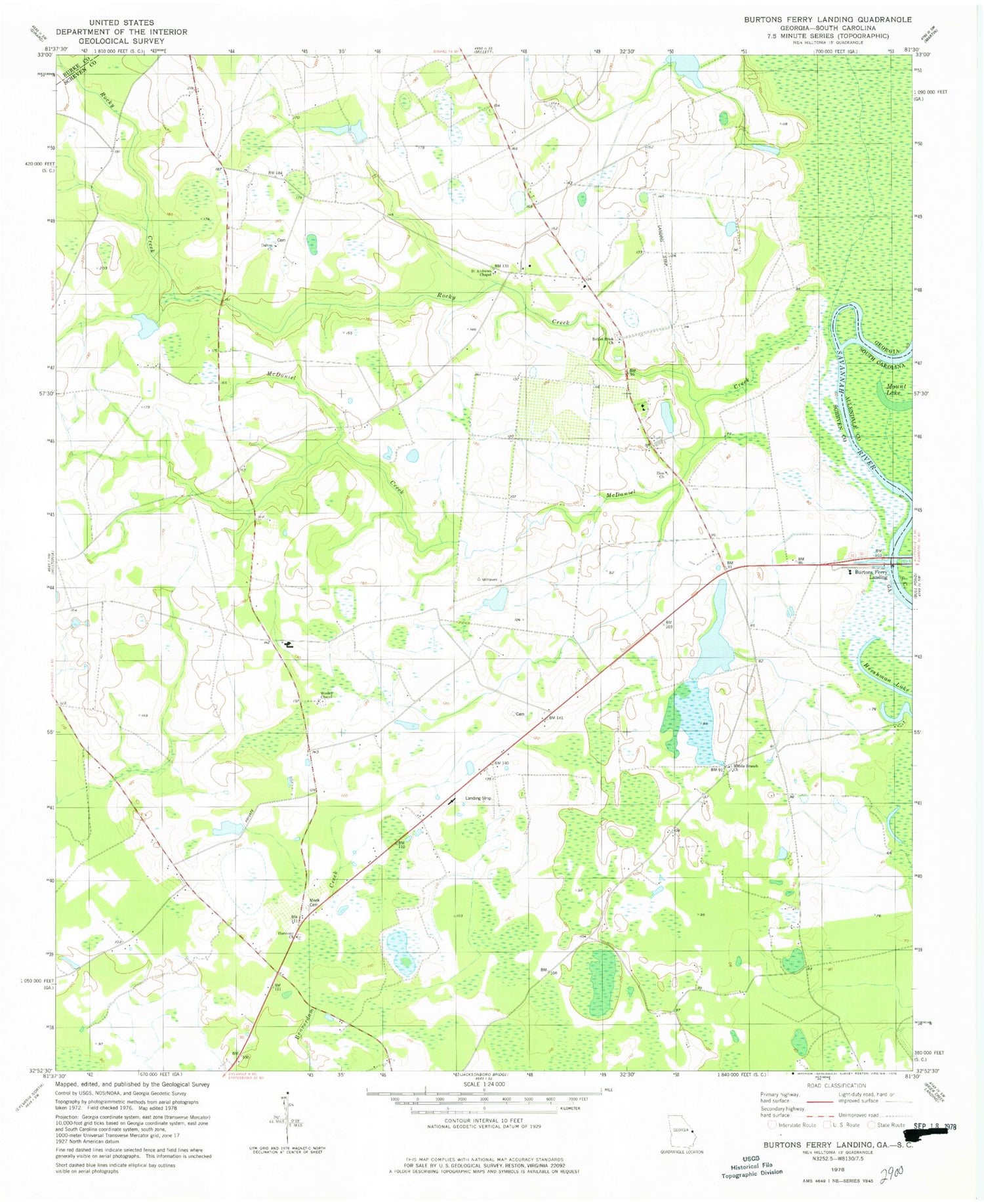 Classic USGS Burtons Ferry Landing Georgia 7.5'x7.5' Topo Map Image