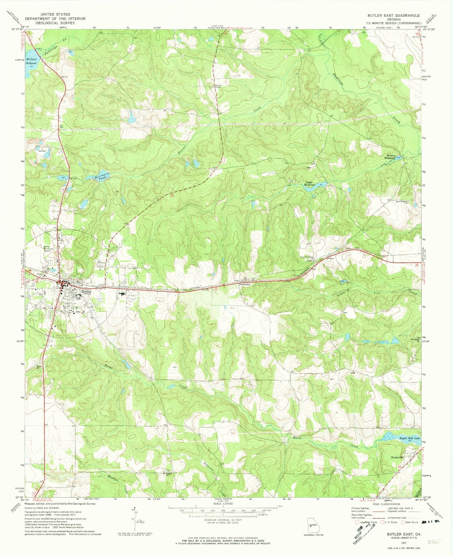 Classic USGS Butler East Georgia 7.5'x7.5' Topo Map Image