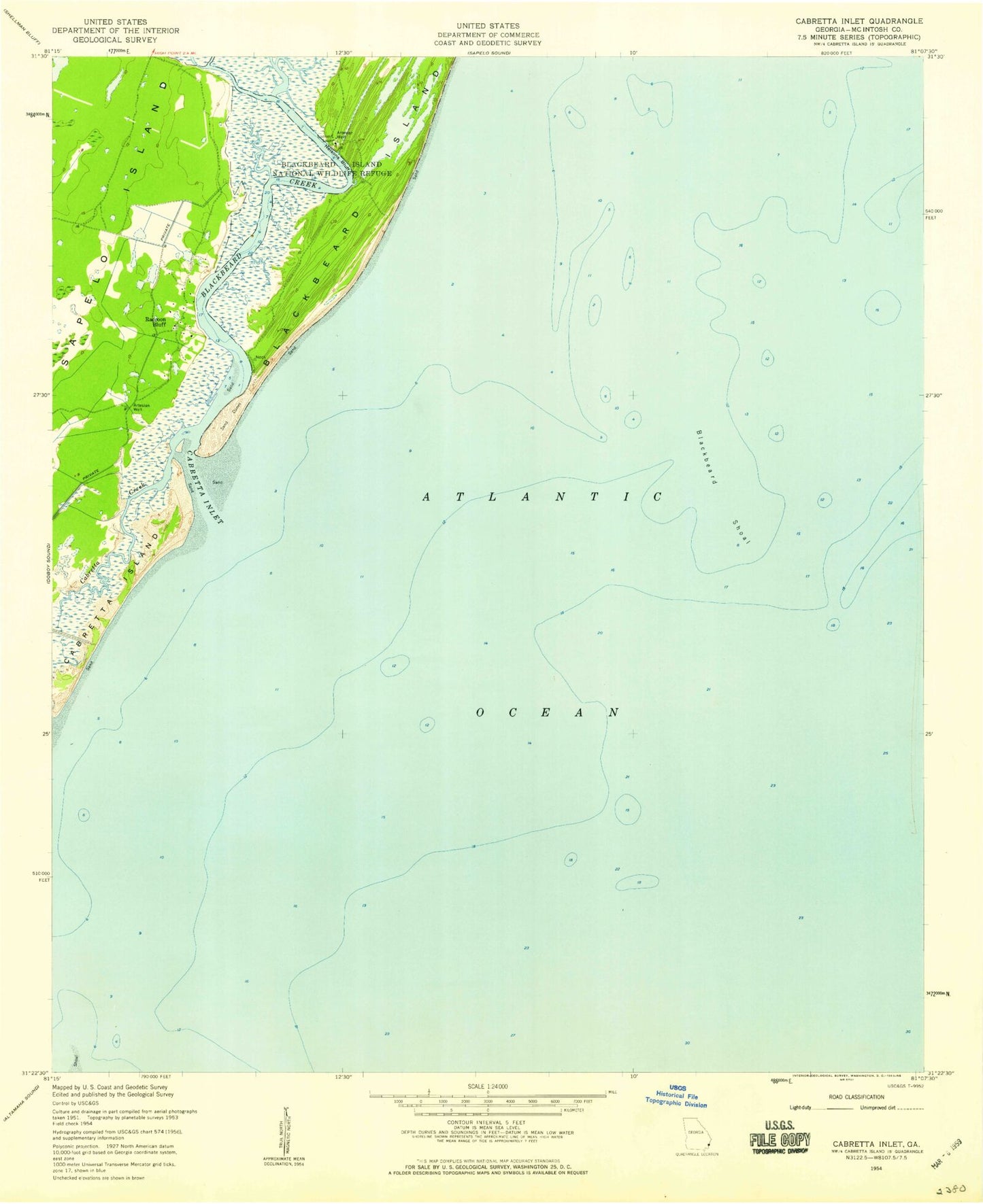 Classic USGS Cabretta Inlet Georgia 7.5'x7.5' Topo Map Image