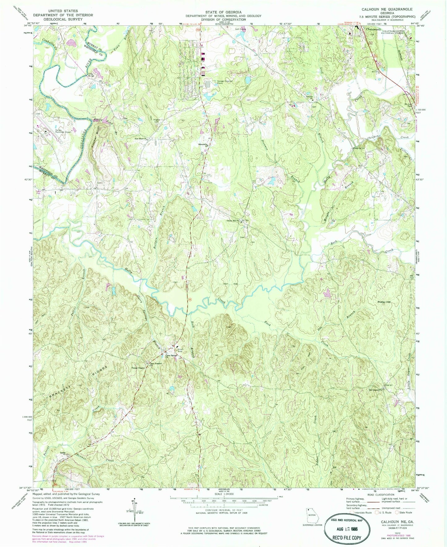 Classic USGS Calhoun NE Georgia 7.5'x7.5' Topo Map Image