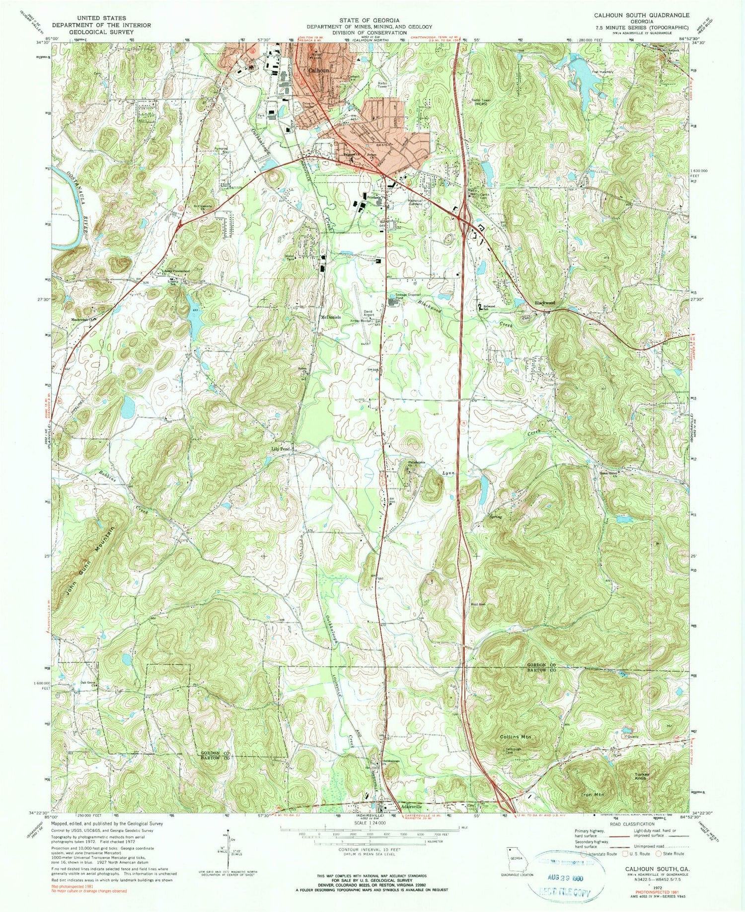 Classic USGS Calhoun South Georgia 7.5'x7.5' Topo Map Image