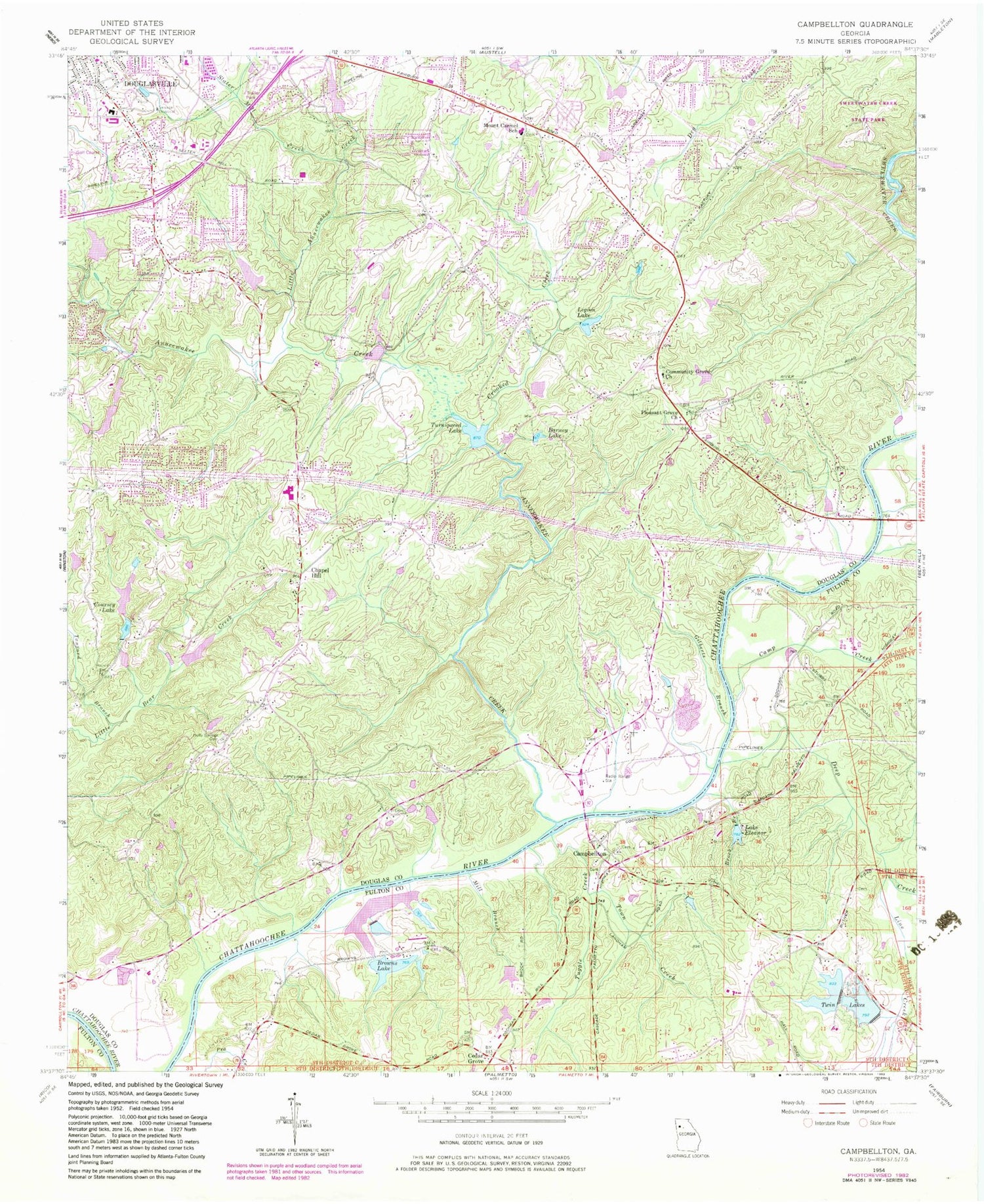 Classic USGS Campbellton Georgia 7.5'x7.5' Topo Map Image