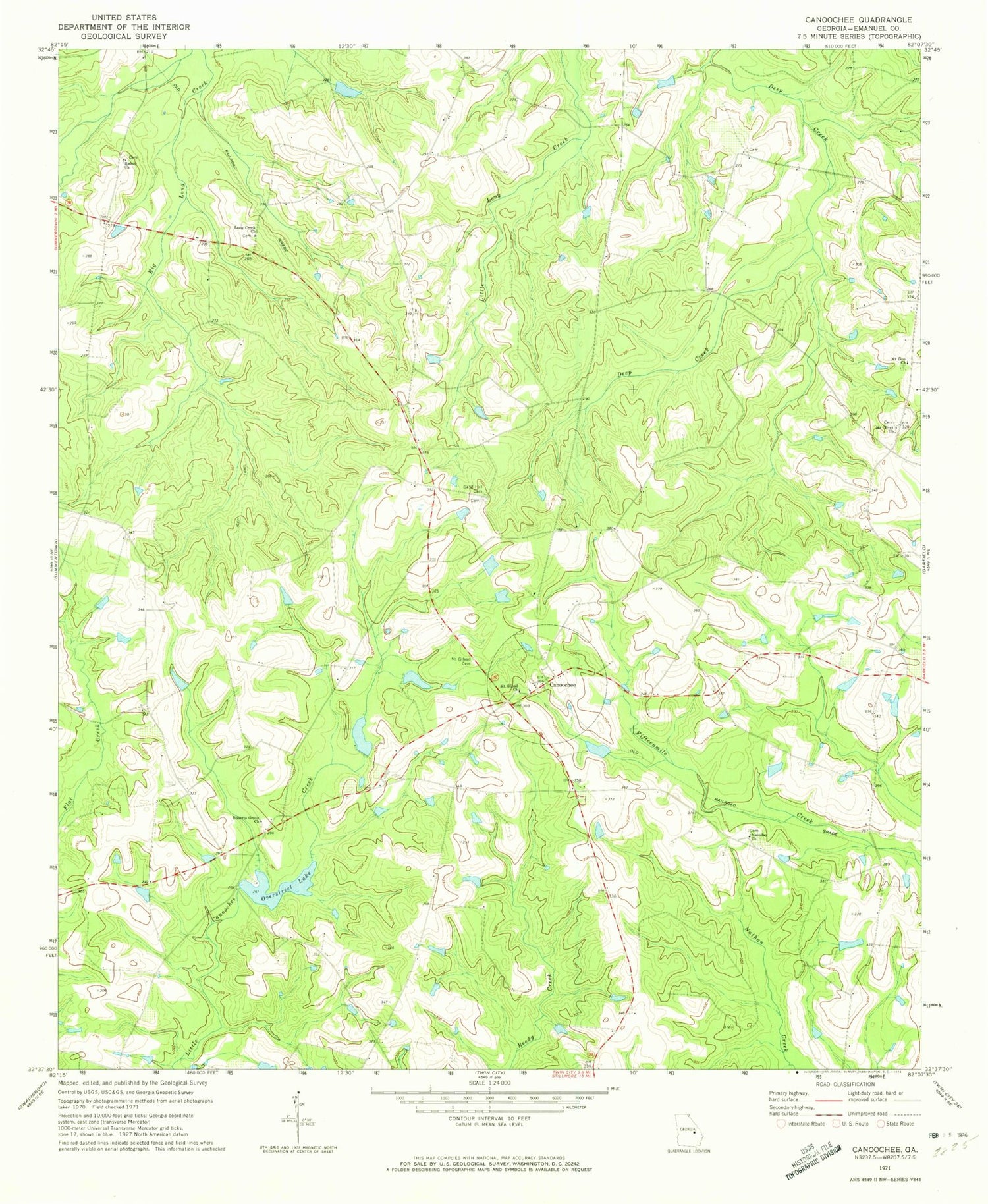 Classic USGS Canoochee Georgia 7.5'x7.5' Topo Map Image