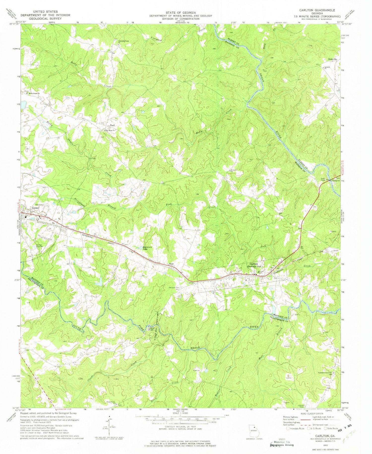 Classic USGS Carlton Georgia 7.5'x7.5' Topo Map Image
