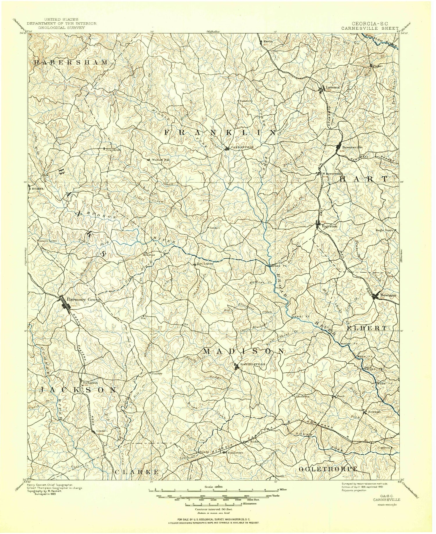 Historic 1891 Carnesville Georgia 30'x30' Topo Map Image