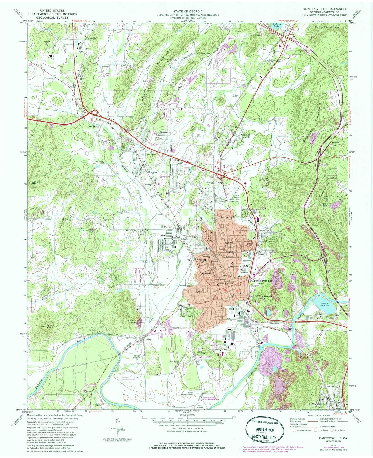 Classic USGS Cartersville Georgia 7.5'x7.5' Topo Map Image