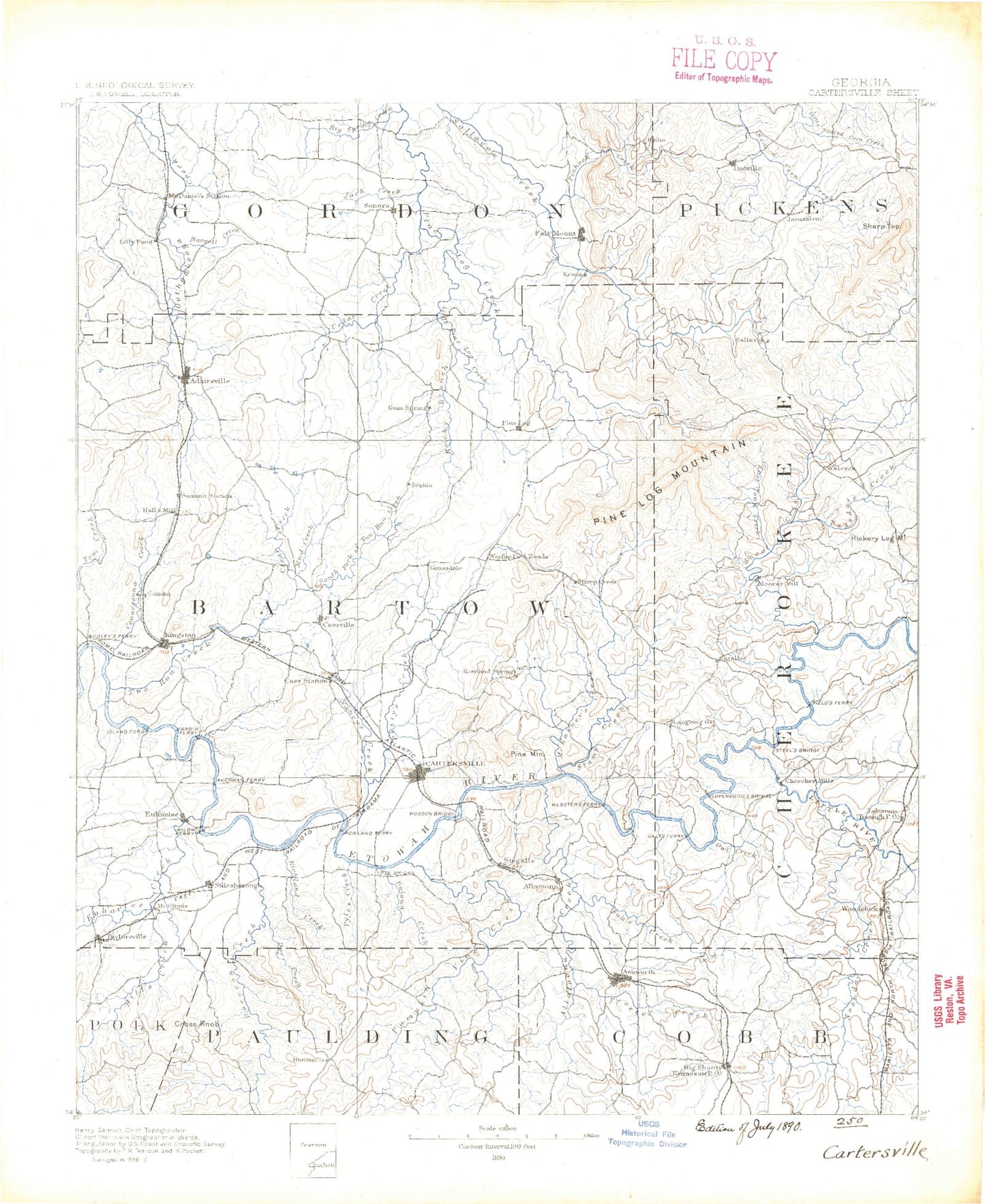 Historic 1890 Cartersville Georgia 30'x30' Topo Map Image