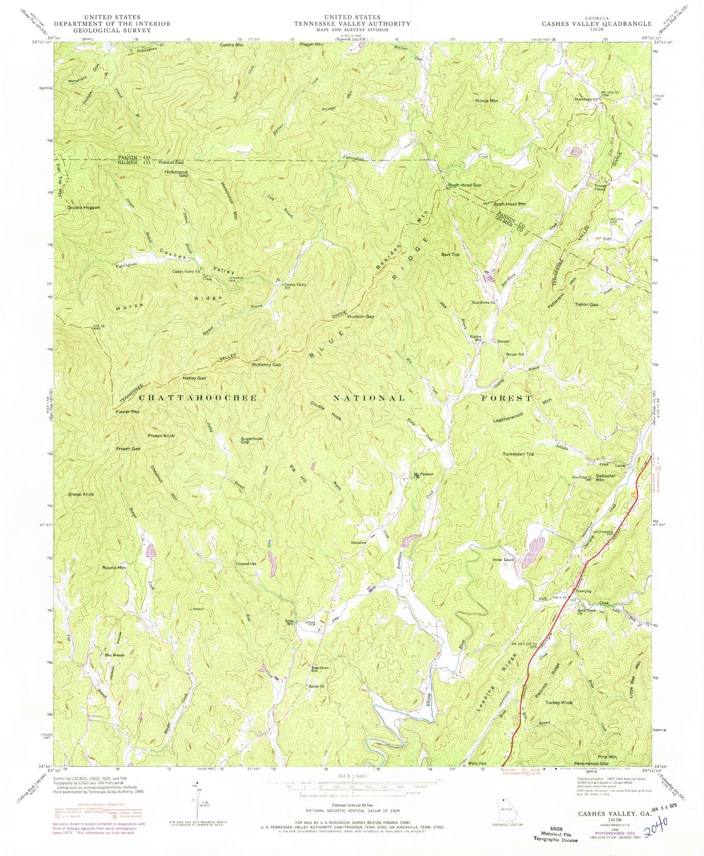Classic USGS Cashes Valley Georgia 7.5'x7.5' Topo Map Image