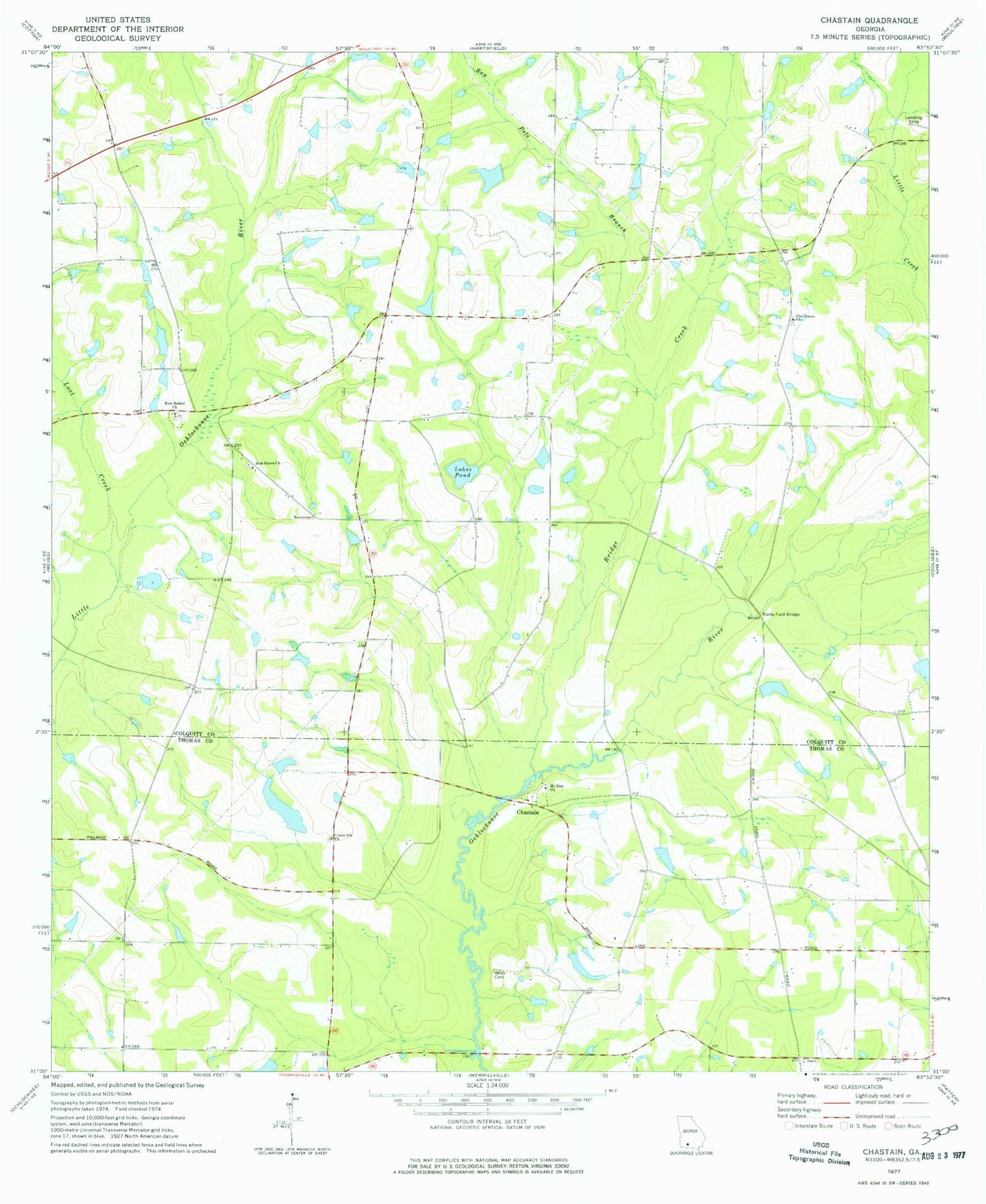Classic USGS Chastain Georgia 7.5'x7.5' Topo Map Image