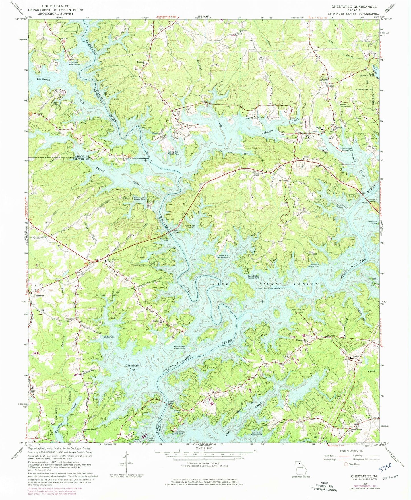 Classic USGS Chestatee Georgia 7.5'x7.5' Topo Map Image