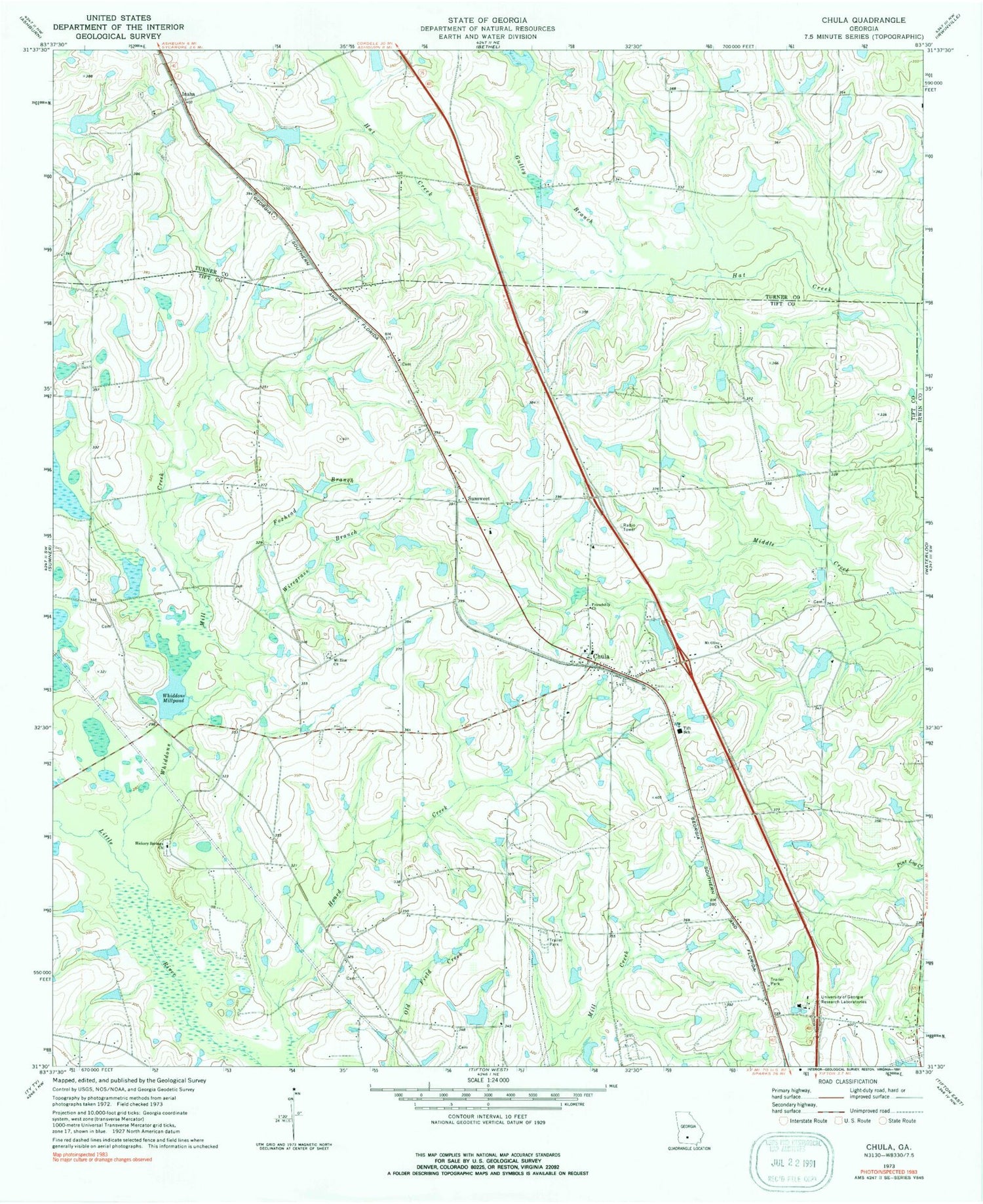 Classic USGS Chula Georgia 7.5'x7.5' Topo Map Image