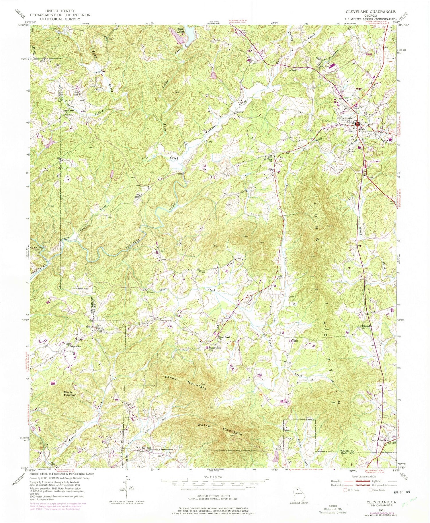 Classic USGS Cleveland Georgia 7.5'x7.5' Topo Map Image