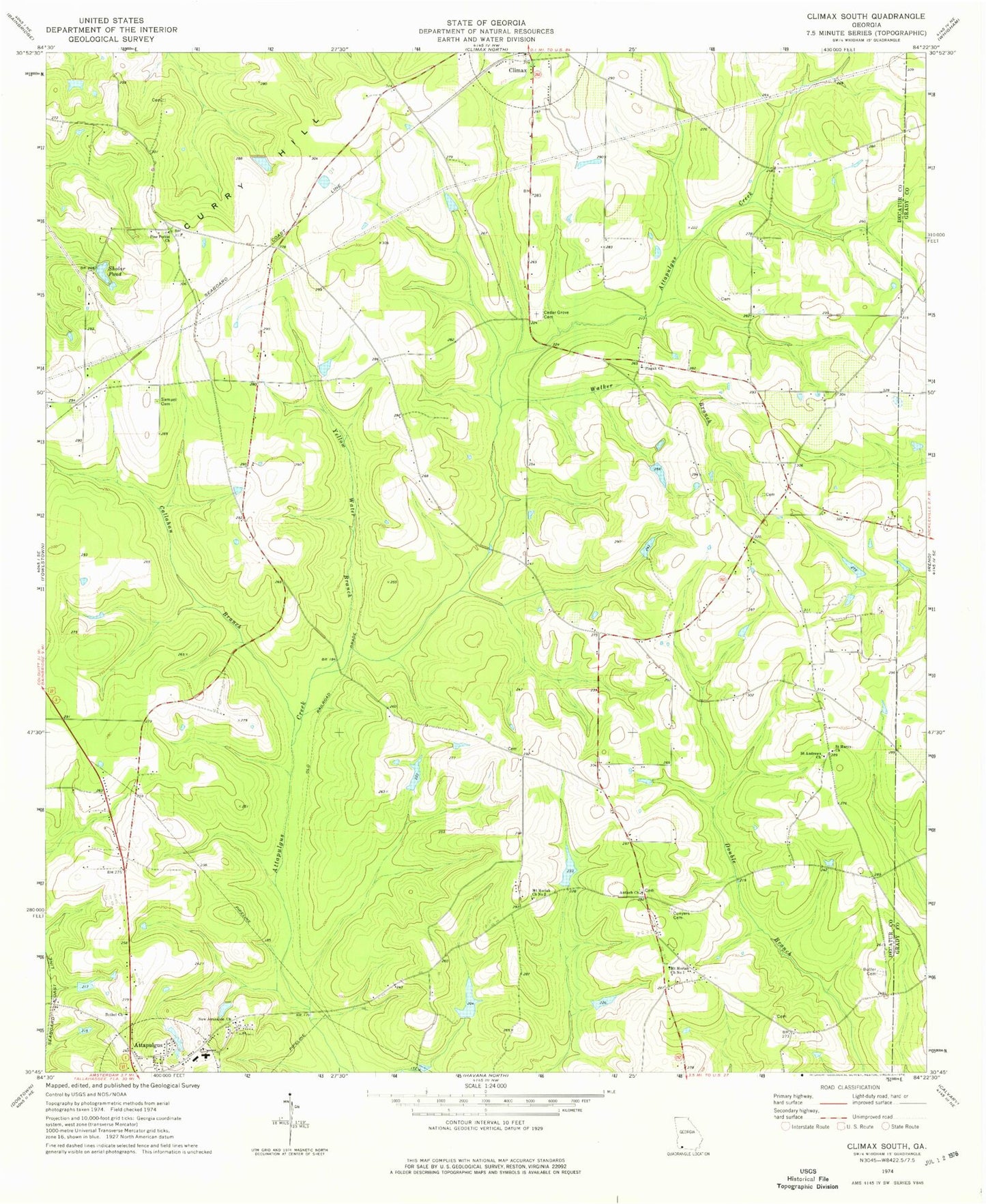 Classic USGS Climax South Georgia 7.5'x7.5' Topo Map Image