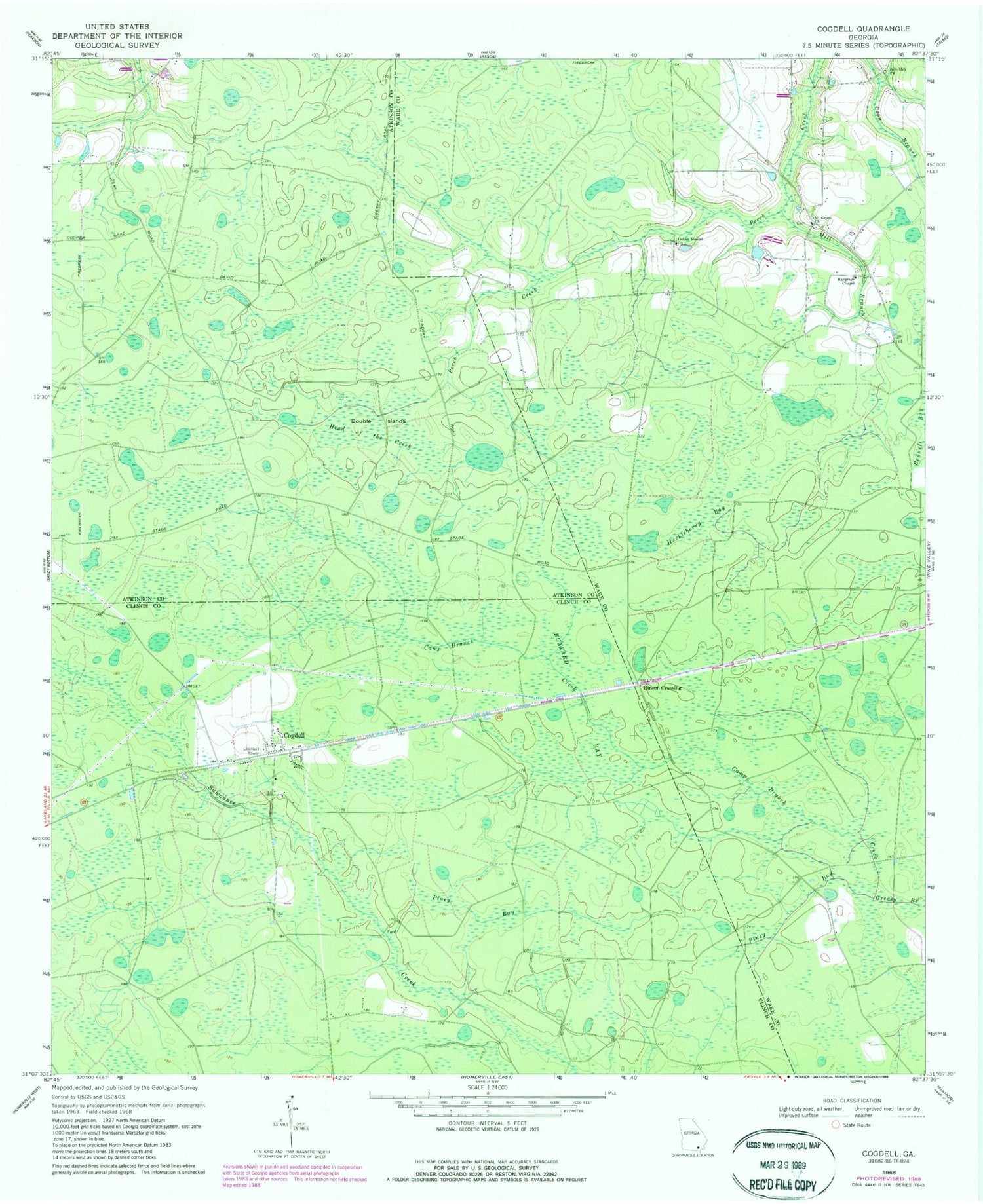 Classic USGS Cogdell Georgia 7.5'x7.5' Topo Map Image