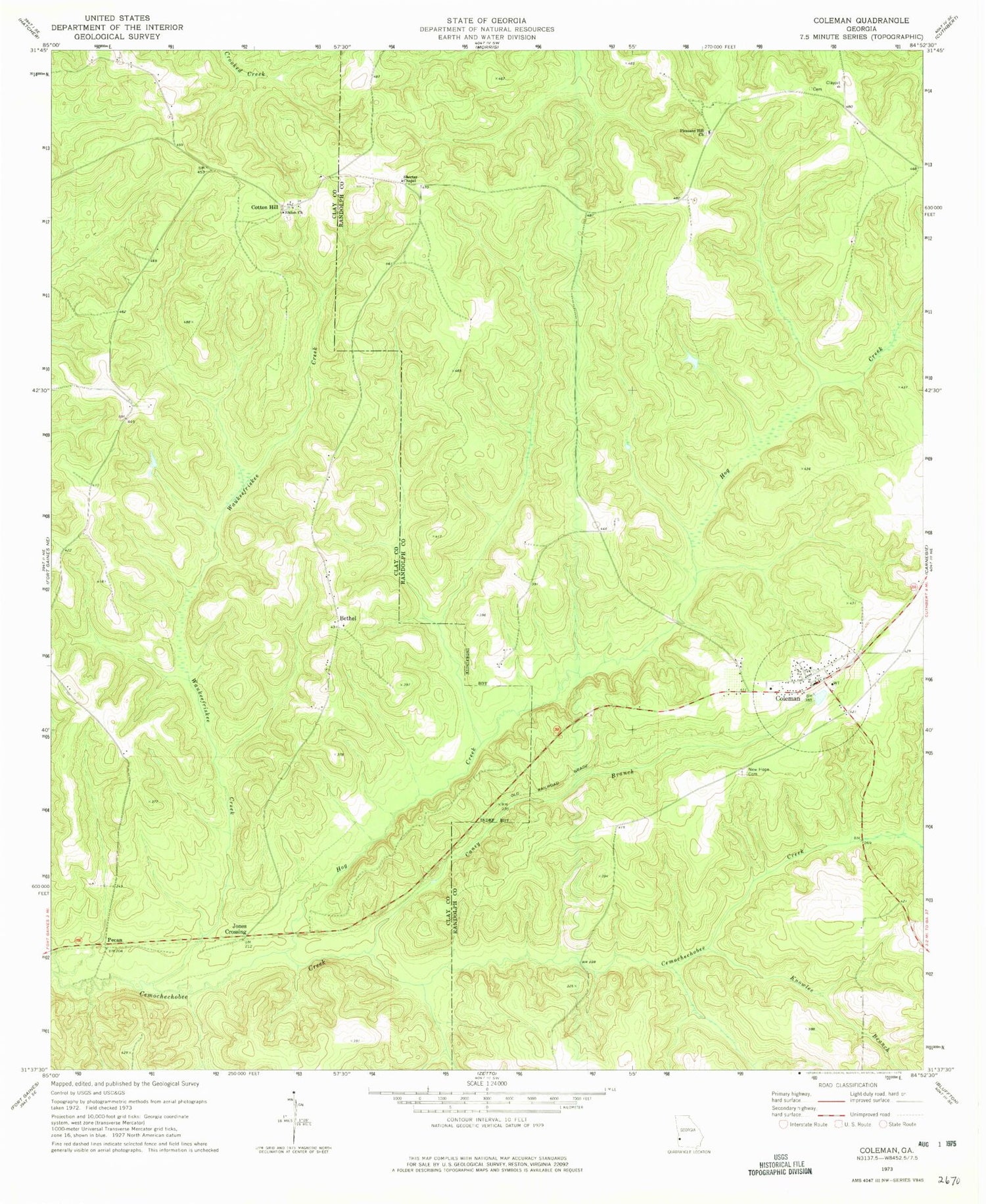 Classic USGS Coleman Georgia 7.5'x7.5' Topo Map Image
