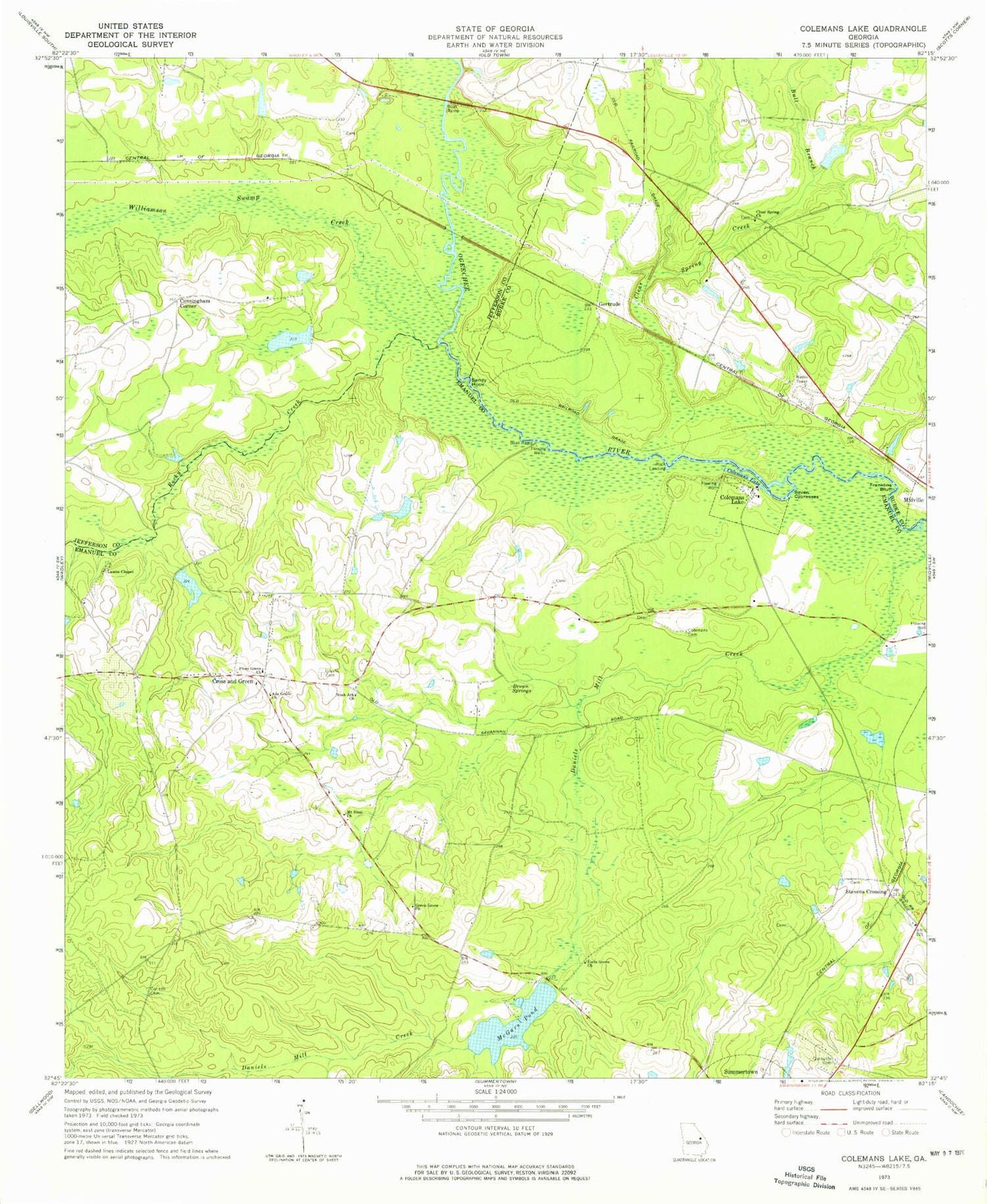 Classic USGS Colemans Lake Georgia 7.5'x7.5' Topo Map Image