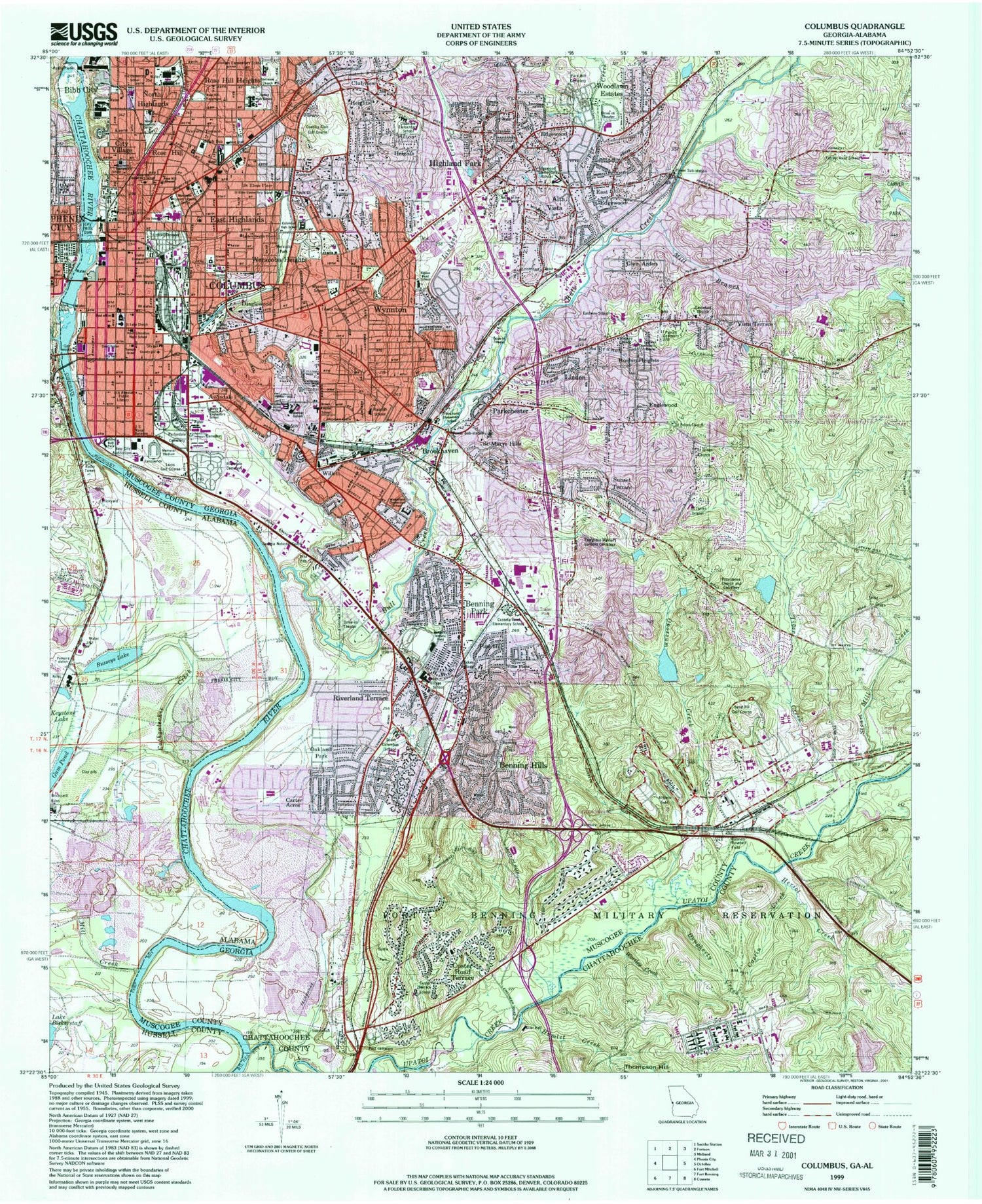 Classic USGS Columbus Georgia 7.5'x7.5' Topo Map Image