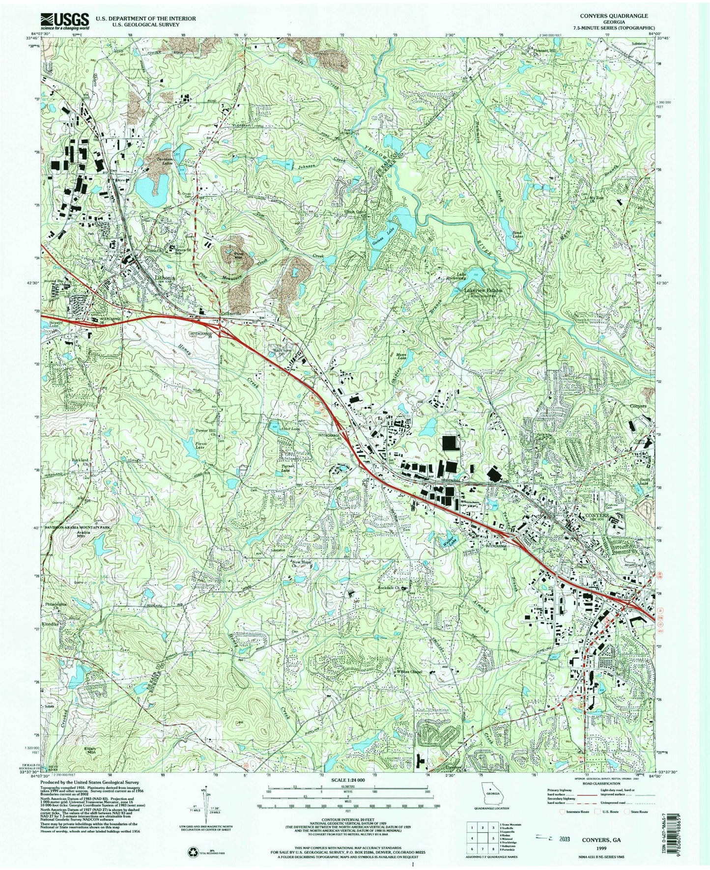 Classic USGS Conyers Georgia 7.5'x7.5' Topo Map Image