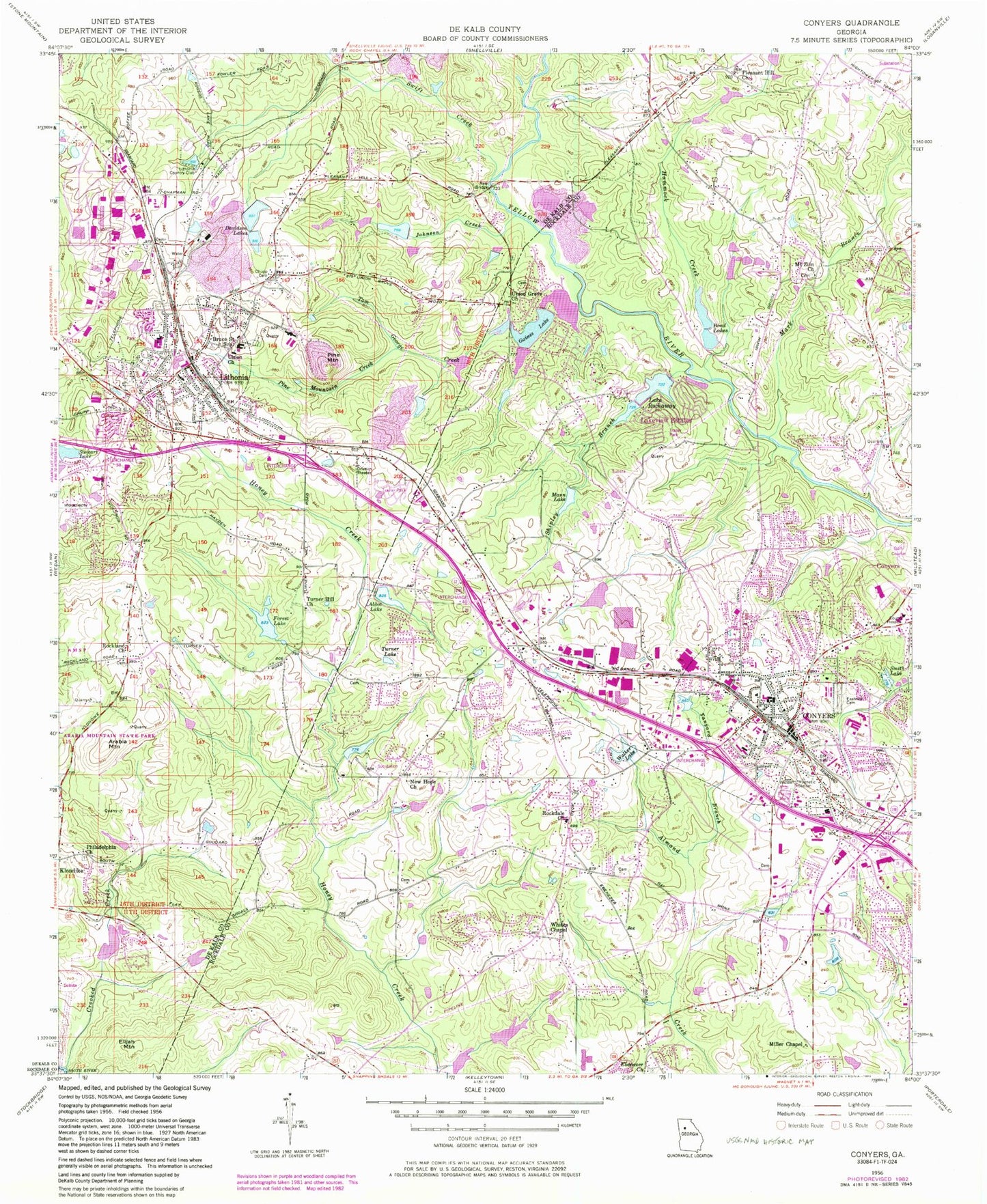 Classic USGS Conyers Georgia 7.5'x7.5' Topo Map Image