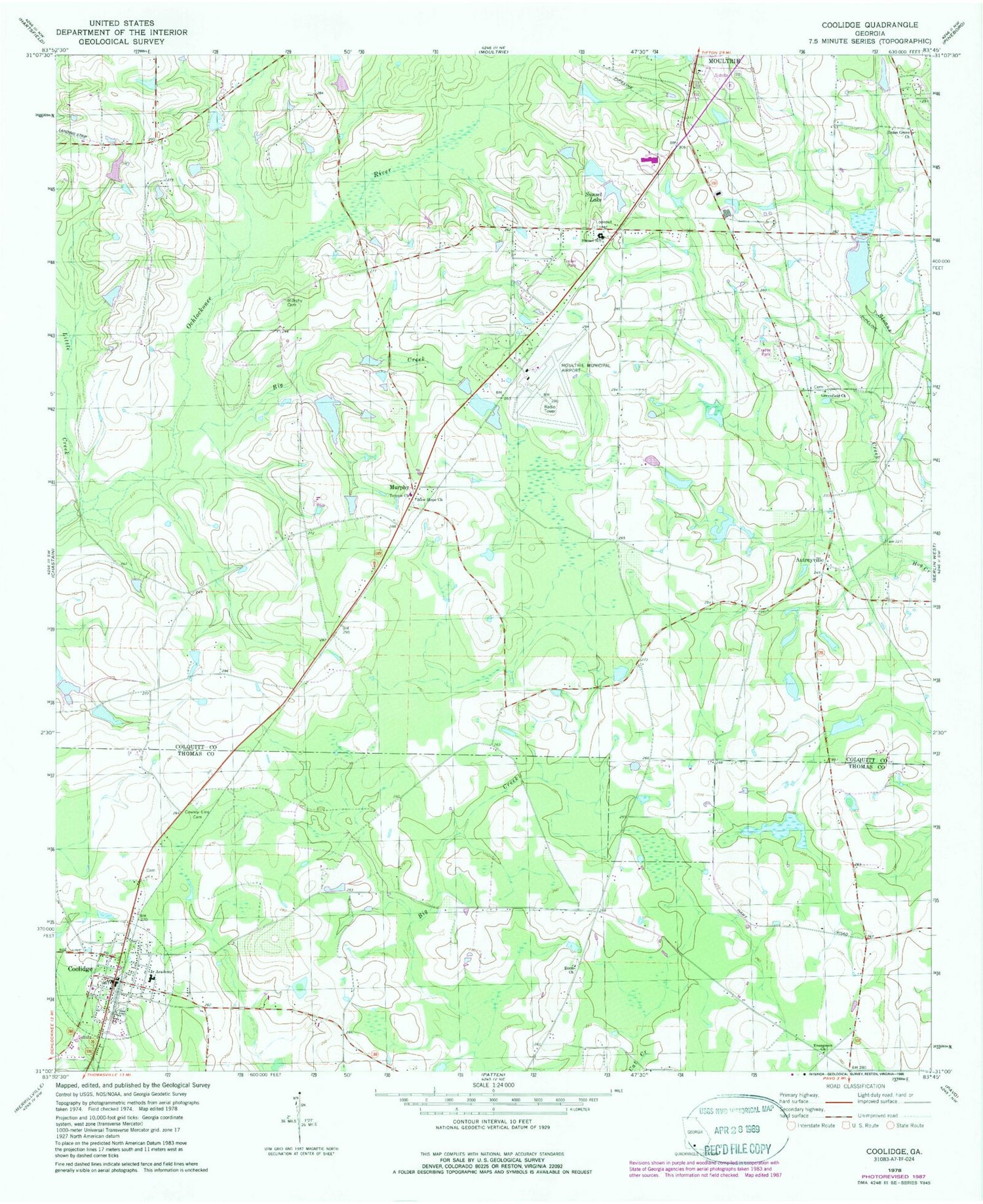 Classic USGS Coolidge Georgia 7.5'x7.5' Topo Map Image