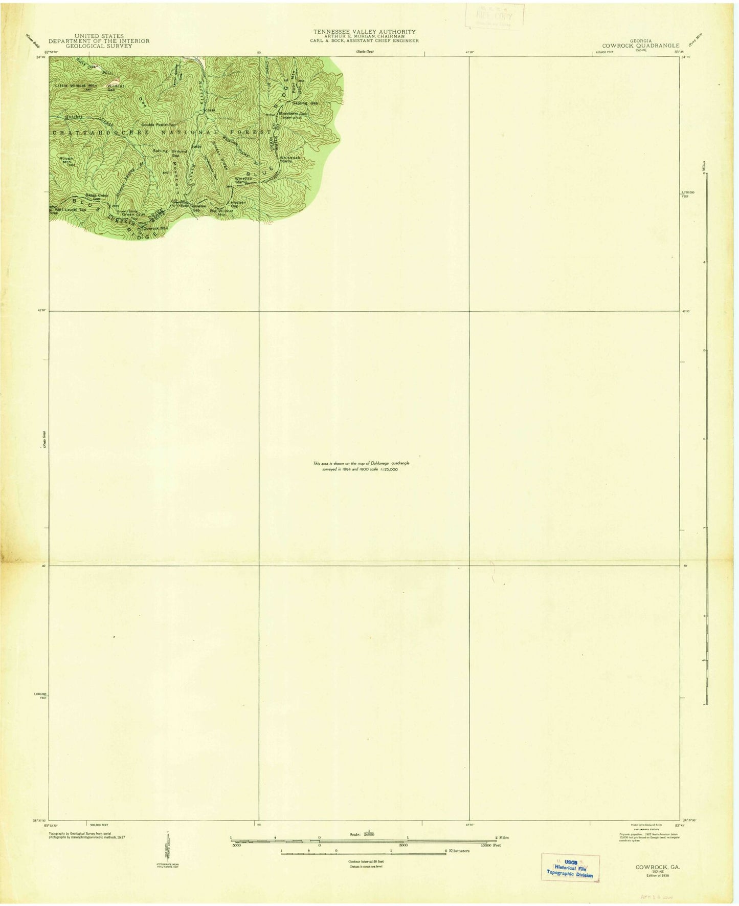 Classic USGS Cowrock Georgia 7.5'x7.5' Topo Map Image