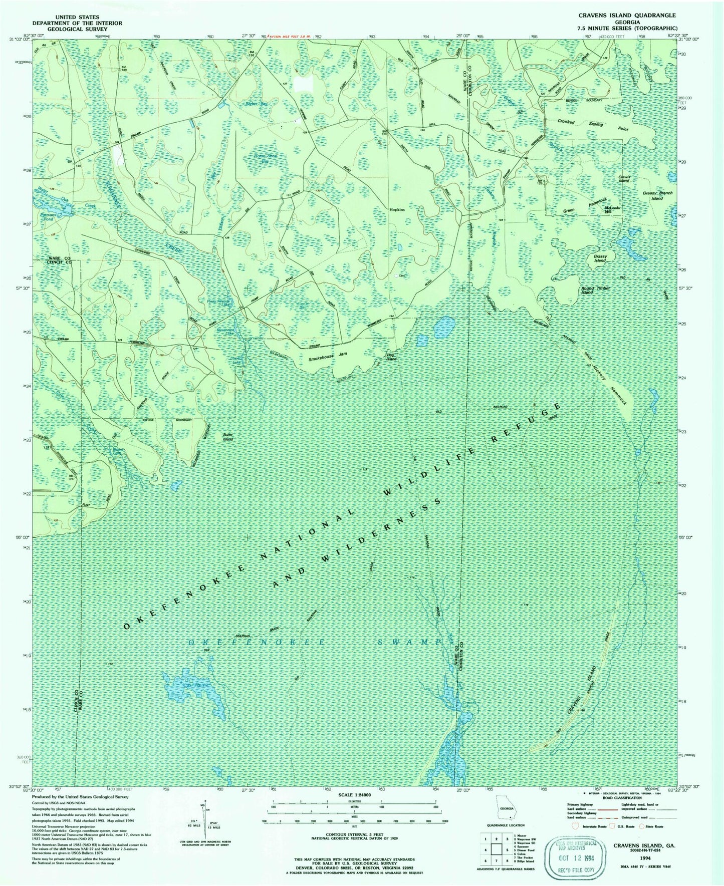Classic USGS Cravens Island Georgia 7.5'x7.5' Topo Map Image
