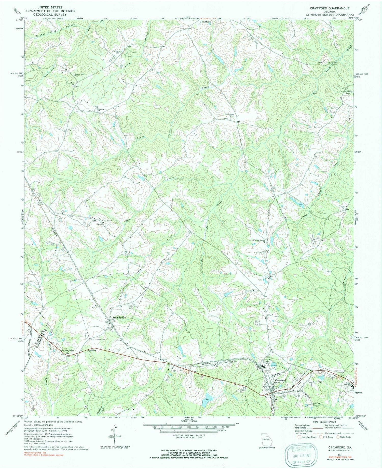 Classic USGS Crawford Georgia 7.5'x7.5' Topo Map Image