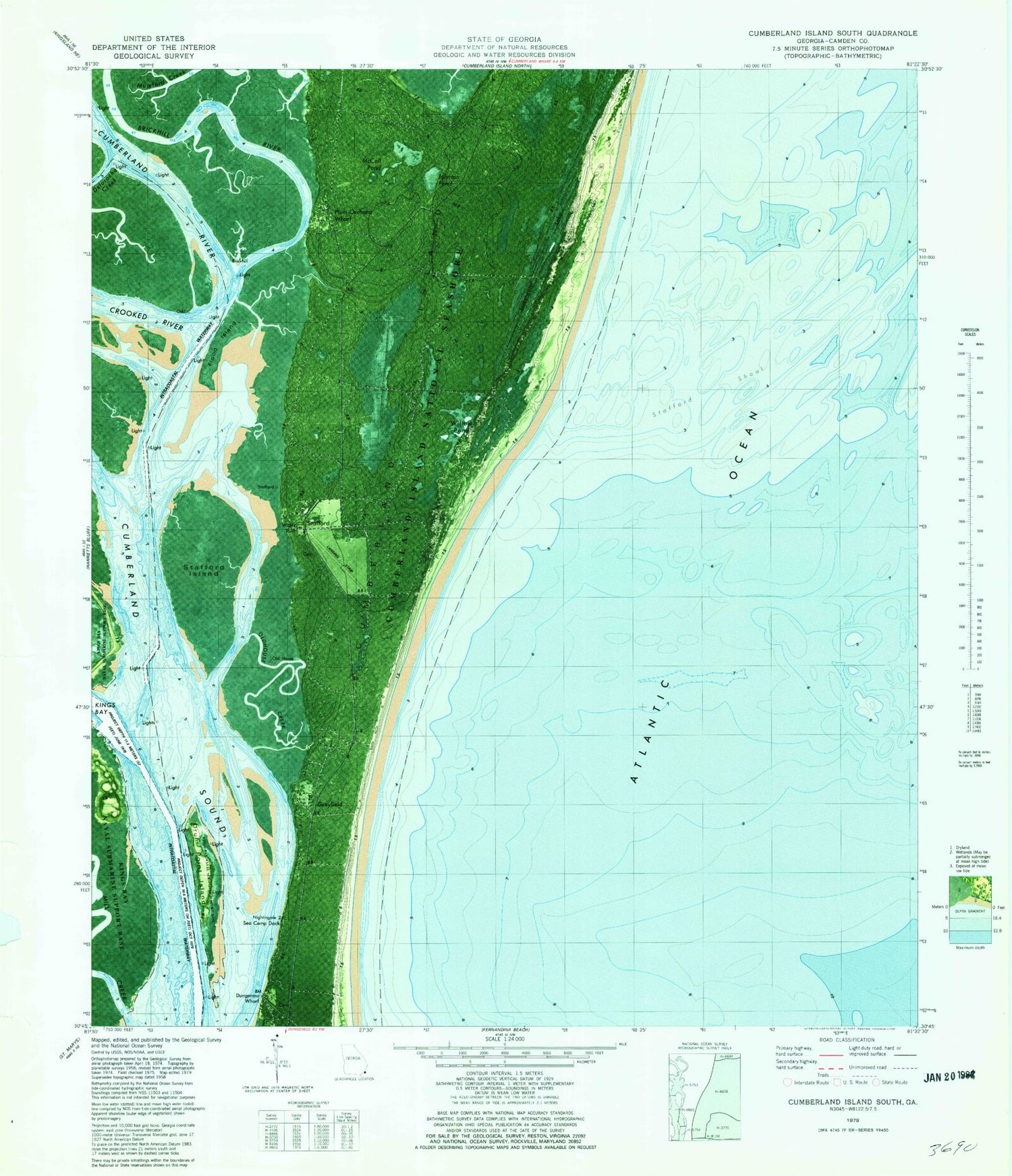 Classic USGS Cumberland Island South Georgia 7.5'x7.5' Topo Map Image