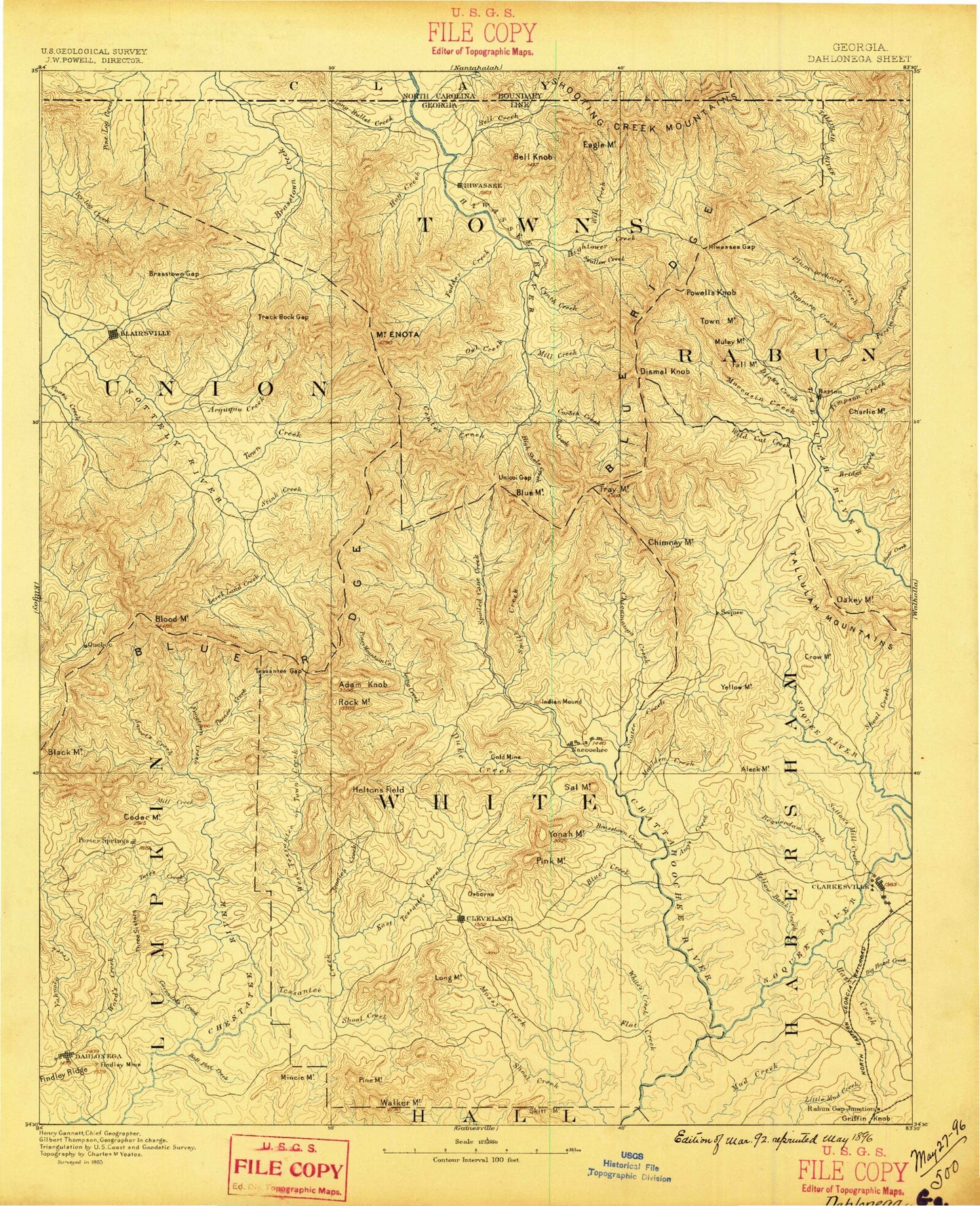 Historic 1896 Dahlonega Georgia 30'x30' Topo Map Image