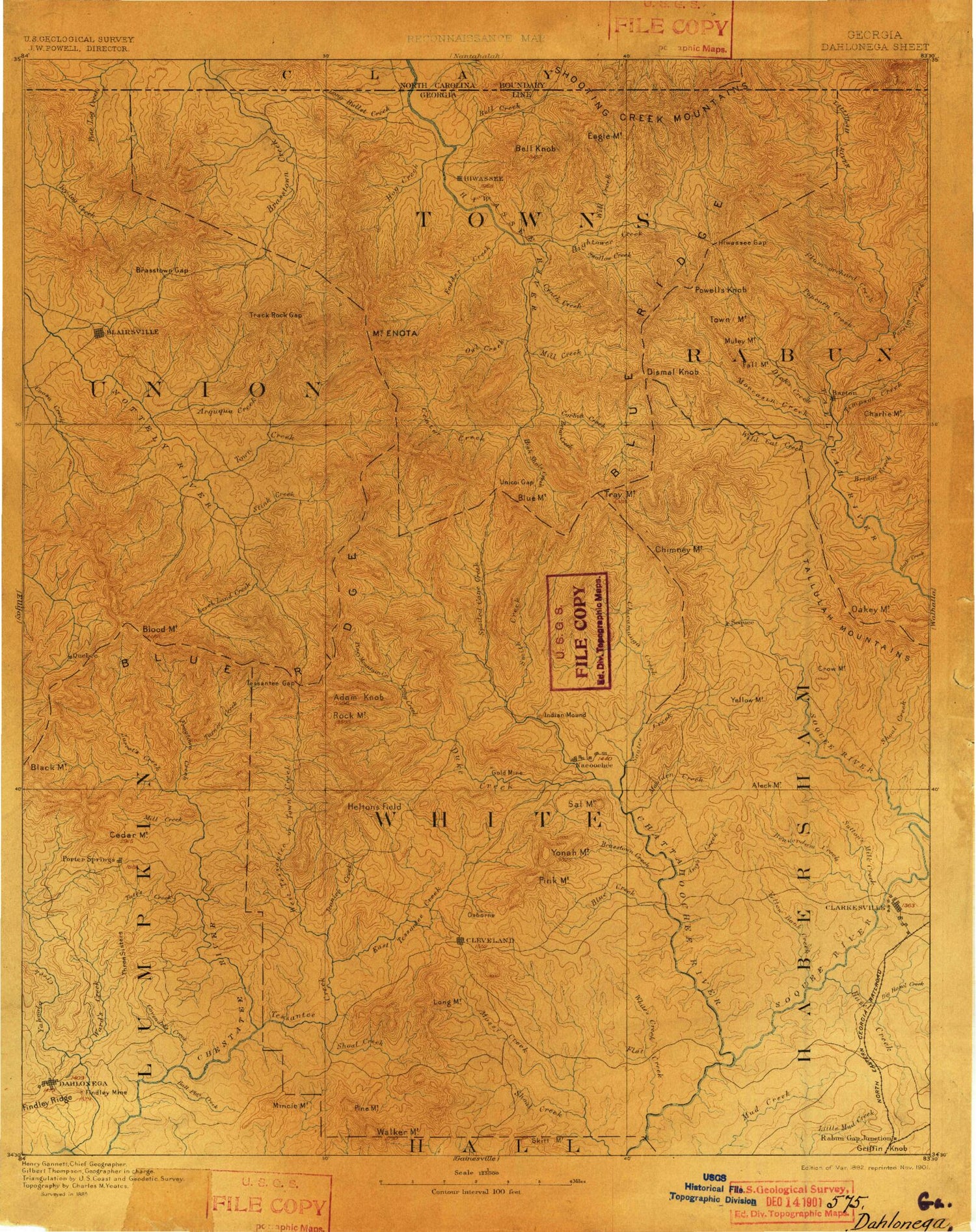 Historic 1892 Dahlonega Georgia 30'x30' Topo Map Image