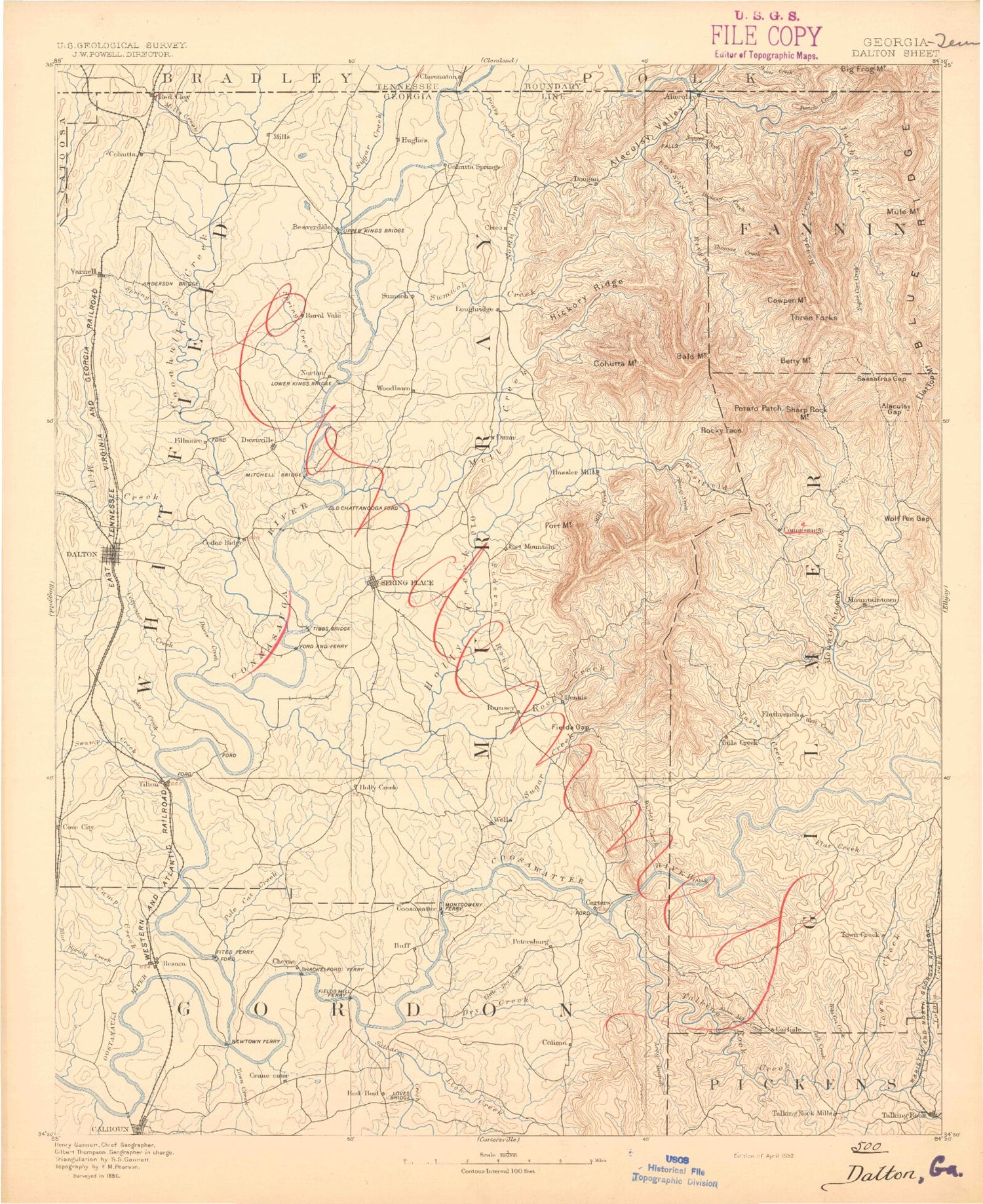 Historic 1892 Dalton Georgia 30'x30' Topo Map Image