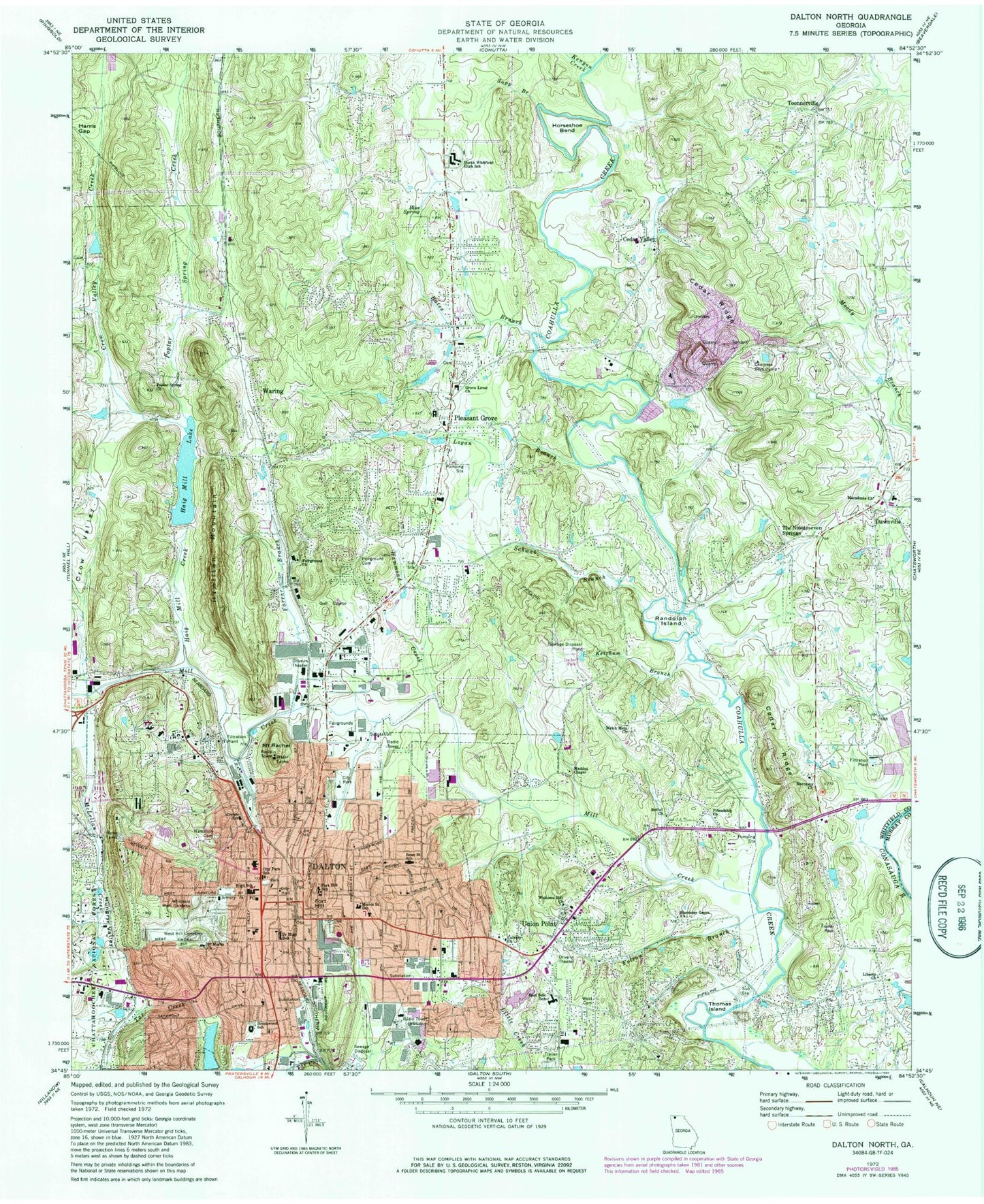 Classic USGS Dalton North Georgia 7.5'x7.5' Topo Map Image