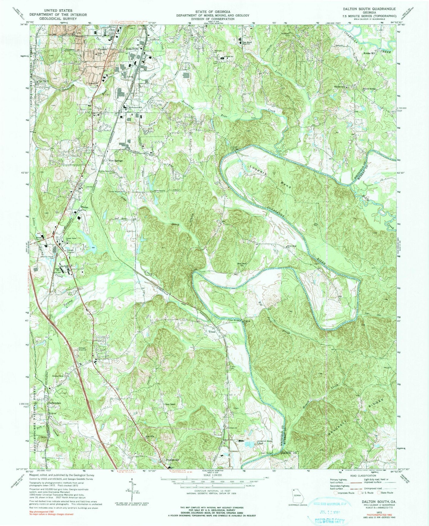 Classic USGS Dalton South Georgia 7.5'x7.5' Topo Map Image