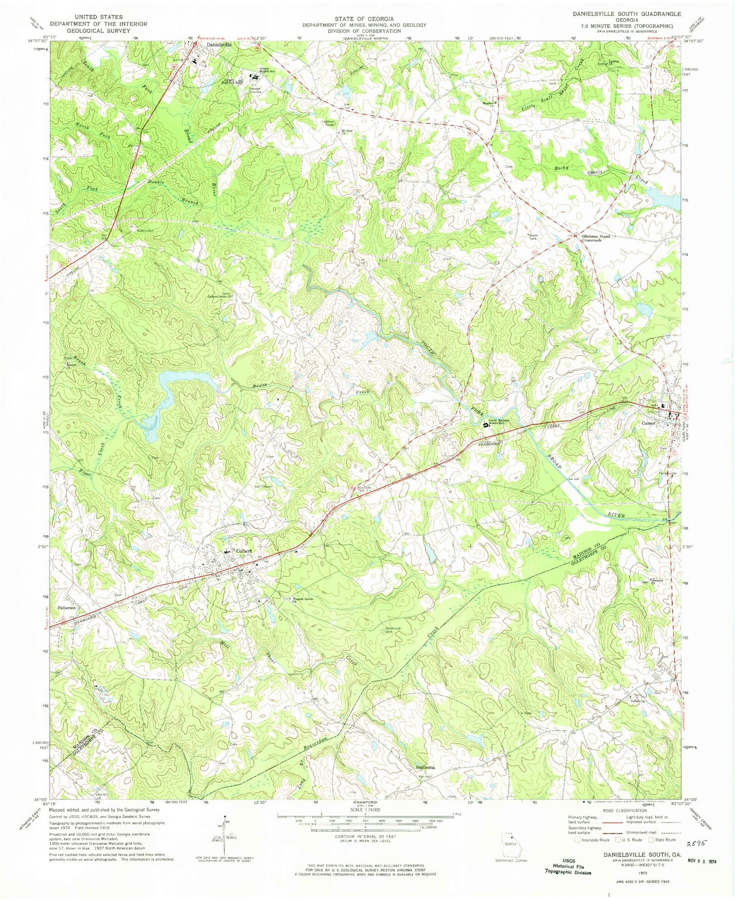 Classic USGS Danielsville South Georgia 7.5'x7.5' Topo Map Image