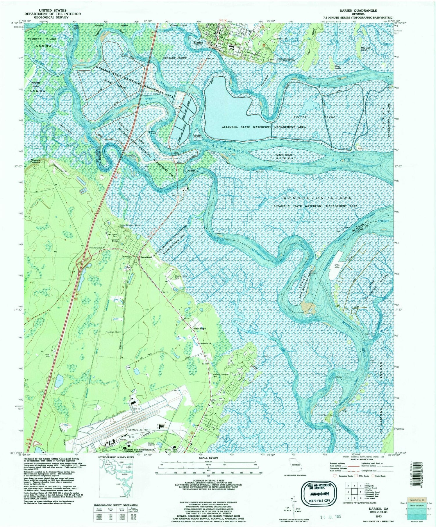 Classic USGS Darien Georgia 7.5'x7.5' Topo Map Image