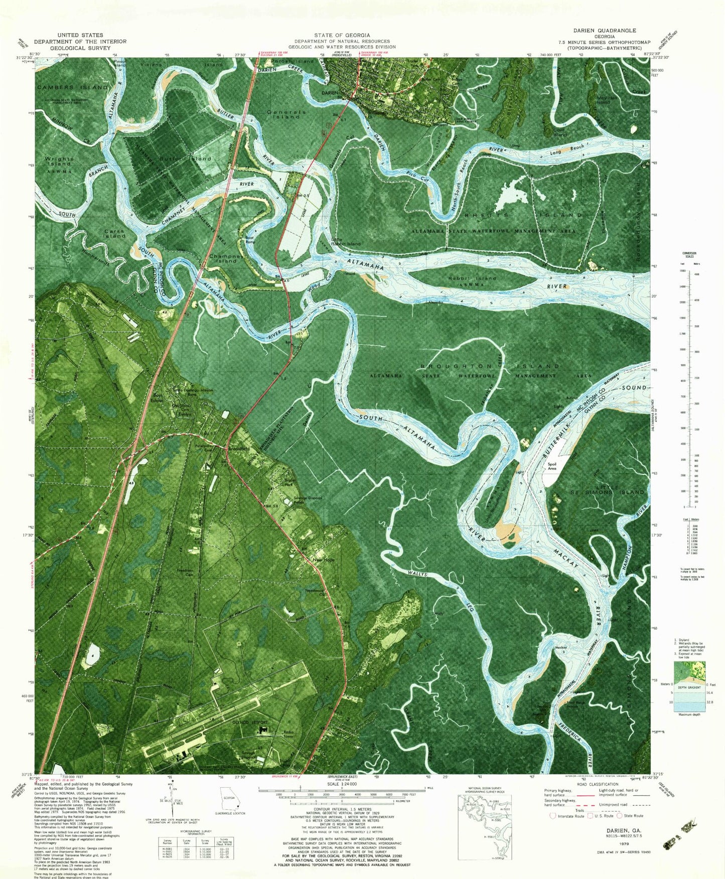 Classic USGS Darien Georgia 7.5'x7.5' Topo Map Image