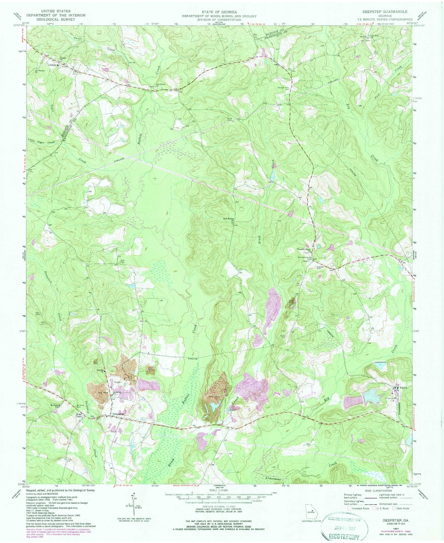 Classic USGS Deepstep Georgia 7.5'x7.5' Topo Map Image